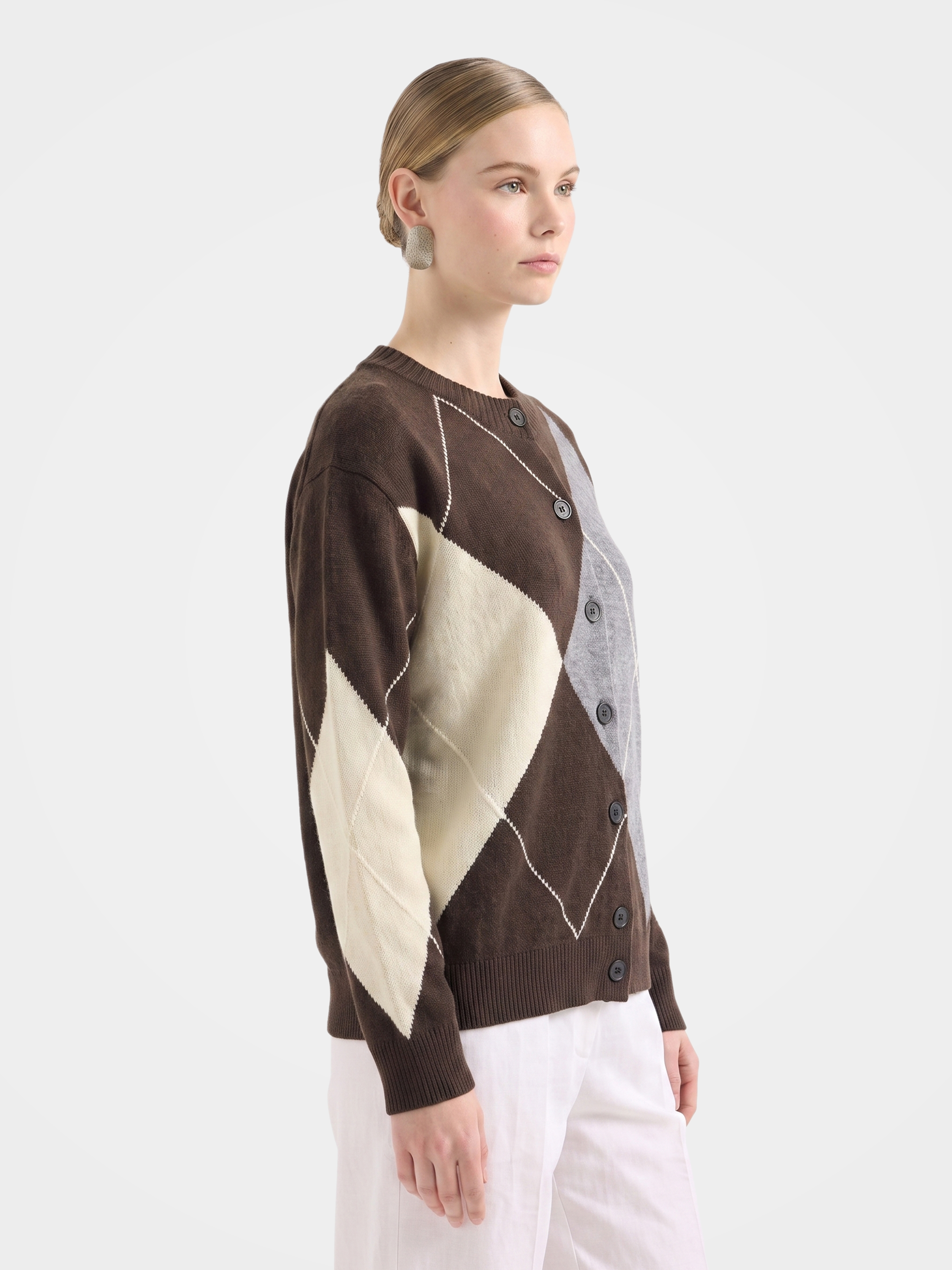100% Cashmere Crew Neck Oversized Argyle Button Cardigan