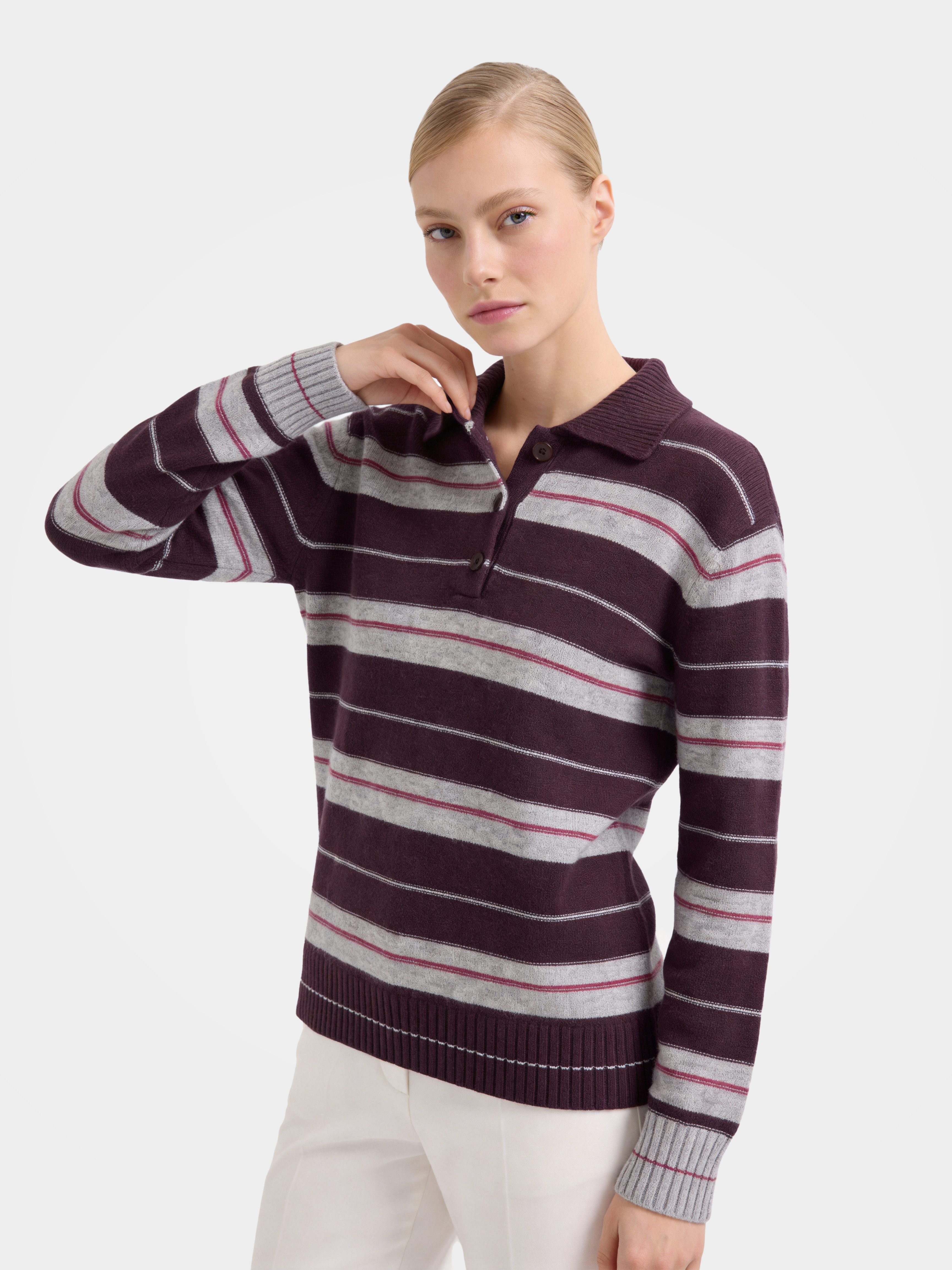 100% Cashmere Striped Polo Collar Knit Sweater