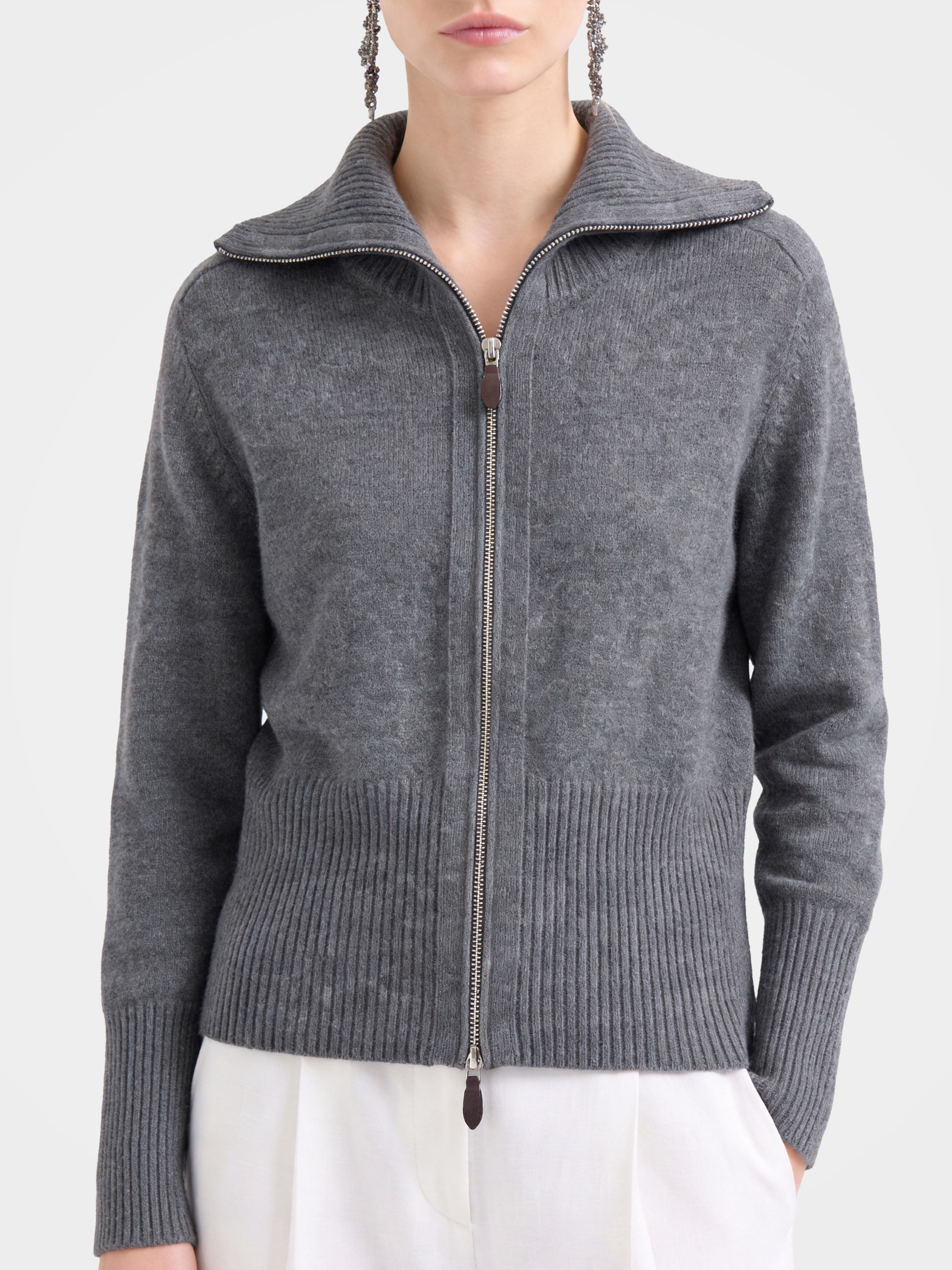 Soft 100% Cashmere Zip Ribbed Knit Cardigan