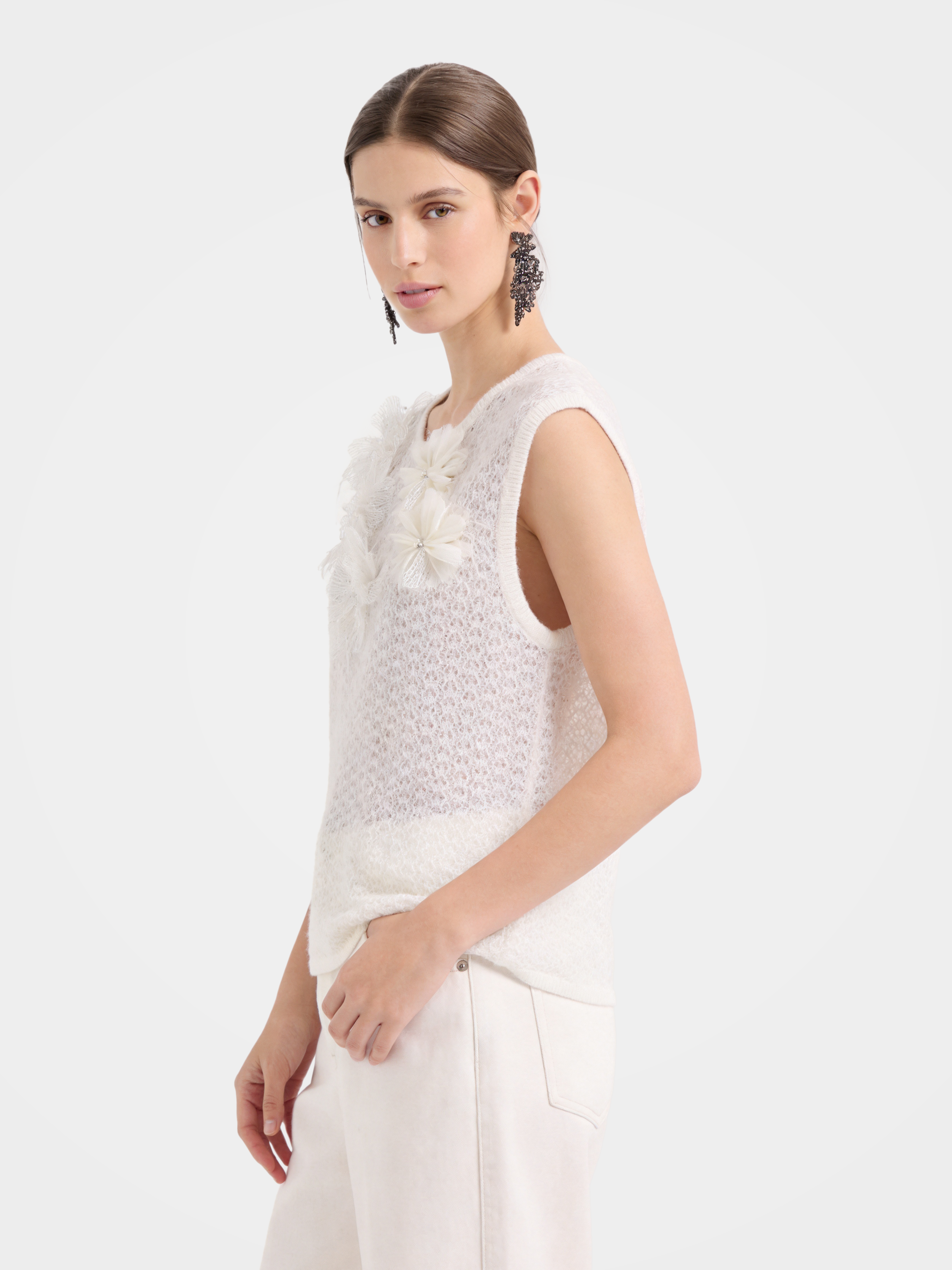 Textured Mongolian Cashmere 3D Floral Knit Vest Sequin Top
