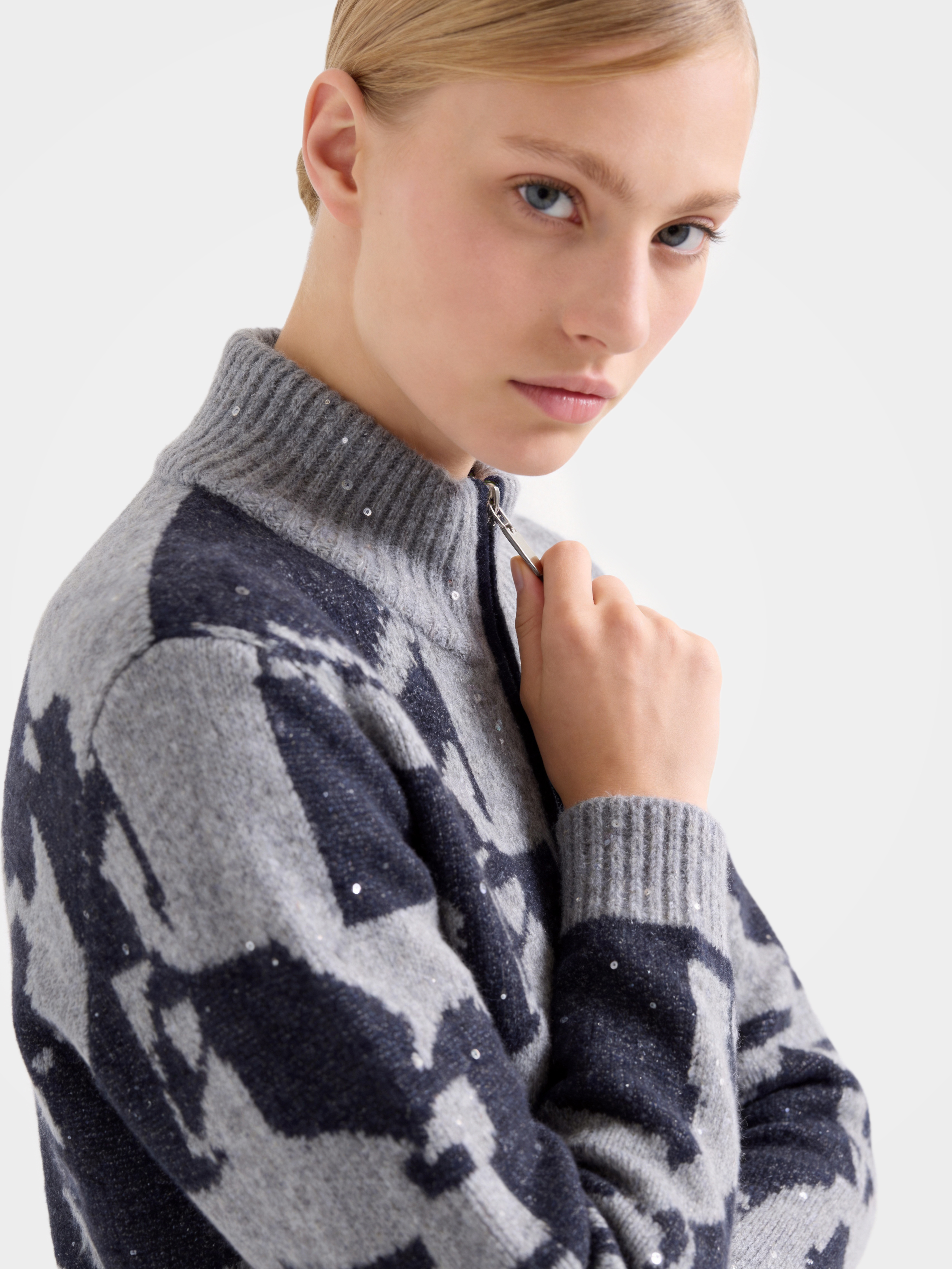 Soft Cashmere Zip Ribbed Jacquard Cardigan Sequin Knit 