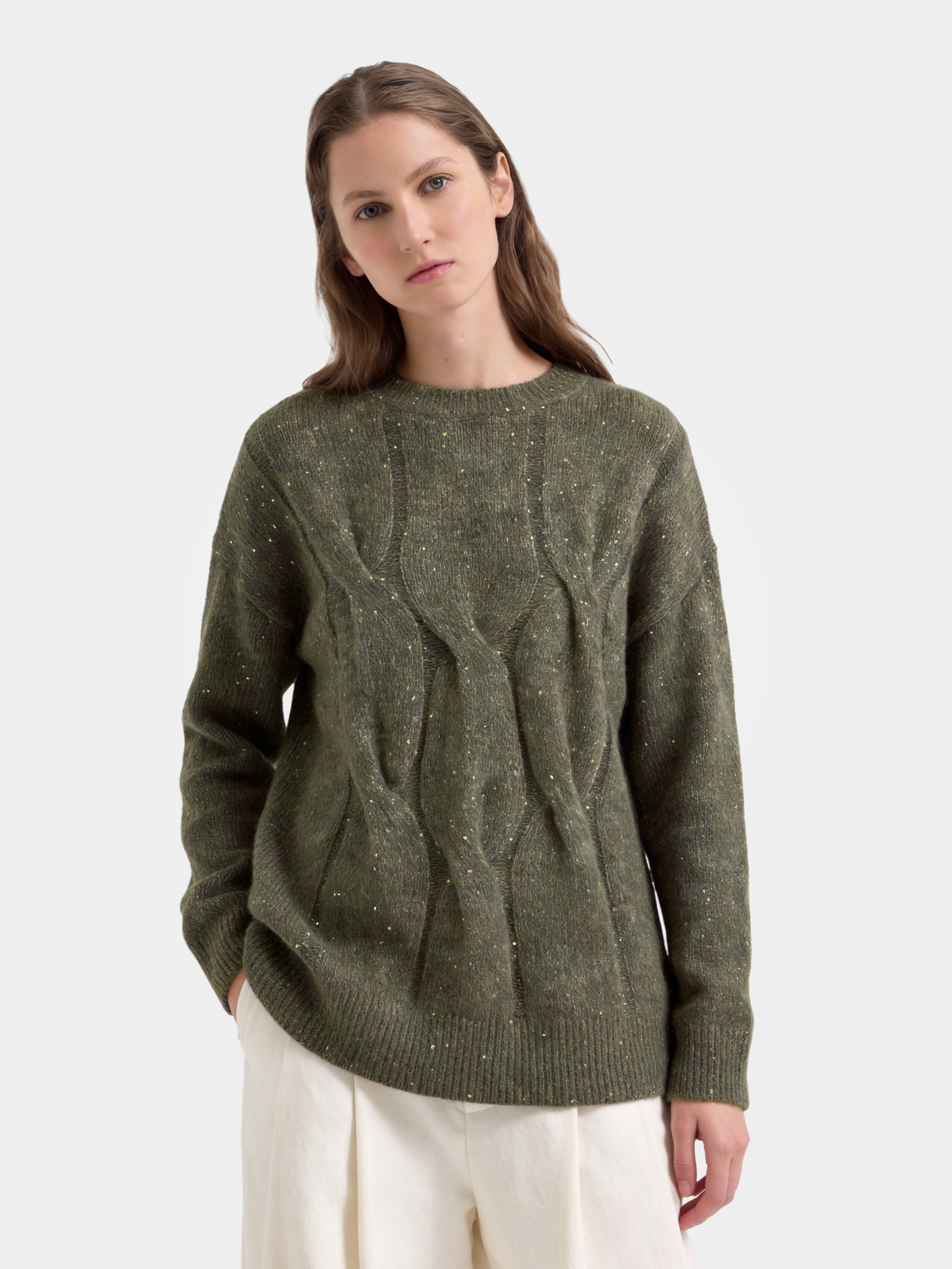  Pure Cashmere Heritage Cable Knit Crew Neck Sequin Sweater