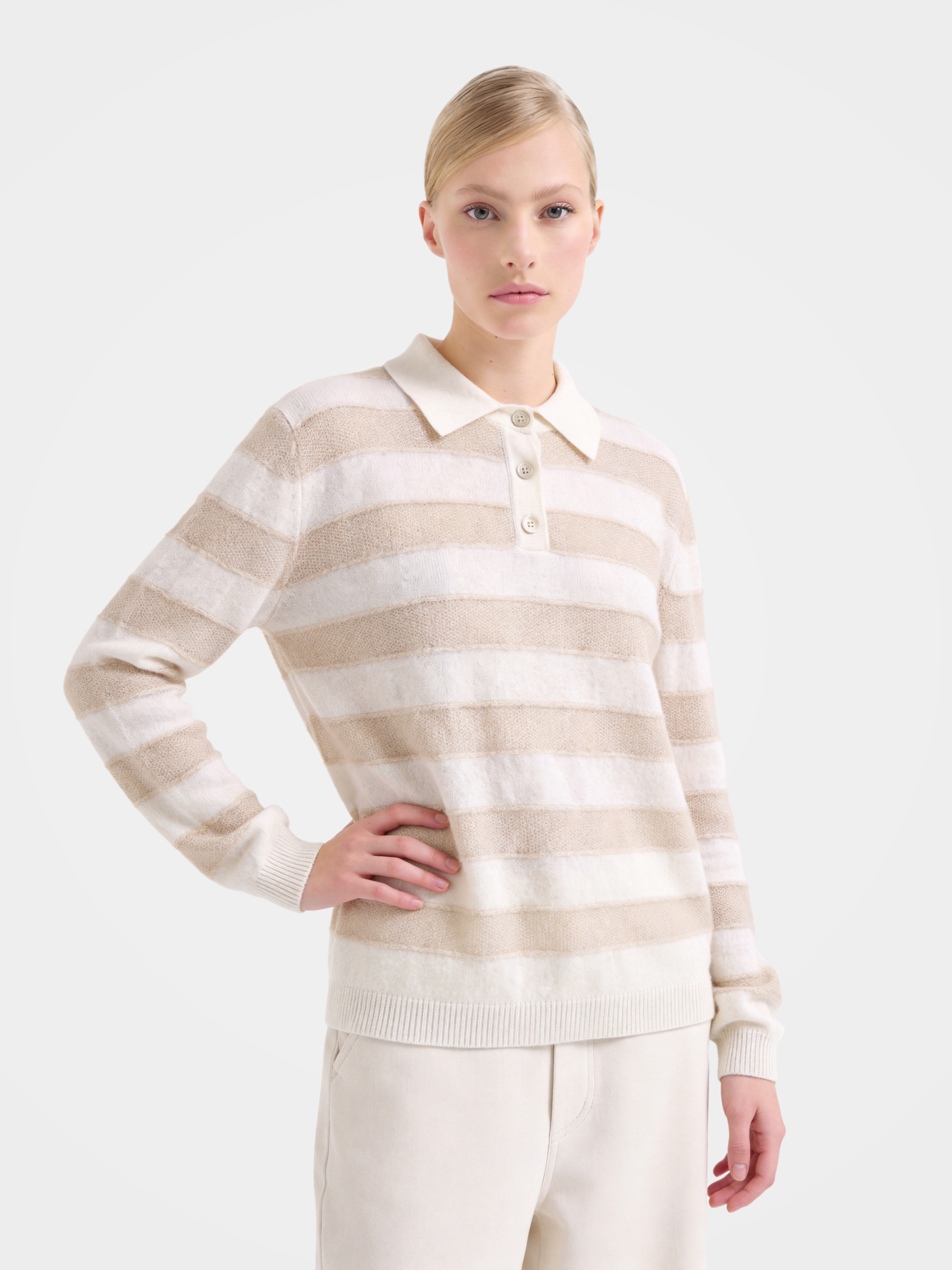 100% Cashmere Polo Stripe Patchwork Knit Sweater 