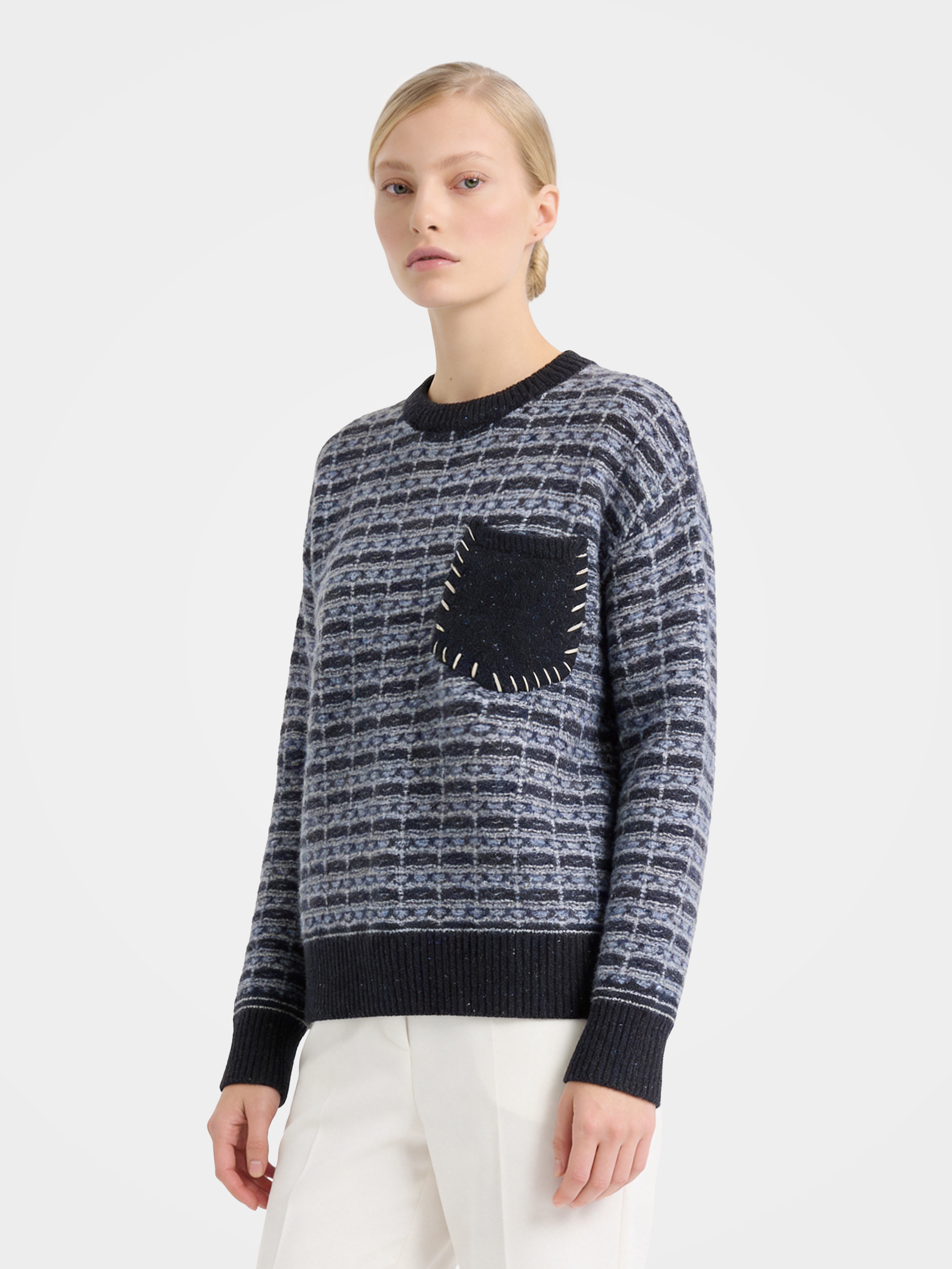 100% Mongolian Cashmere Tweed-Inspired Pocket-Front Knit Pullover
