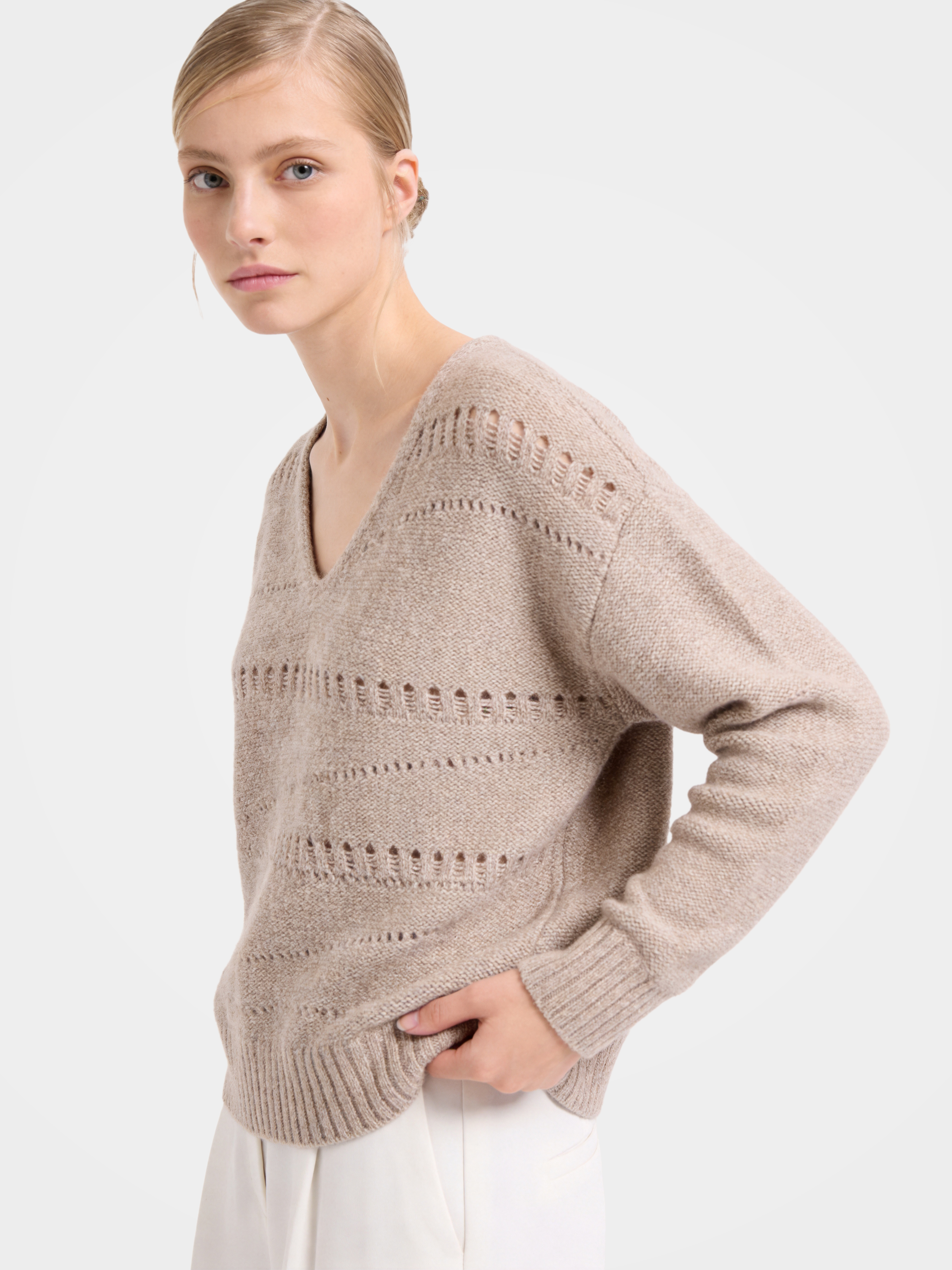 Pure  100% Cashmere Openwork Knit V Neck Sweater