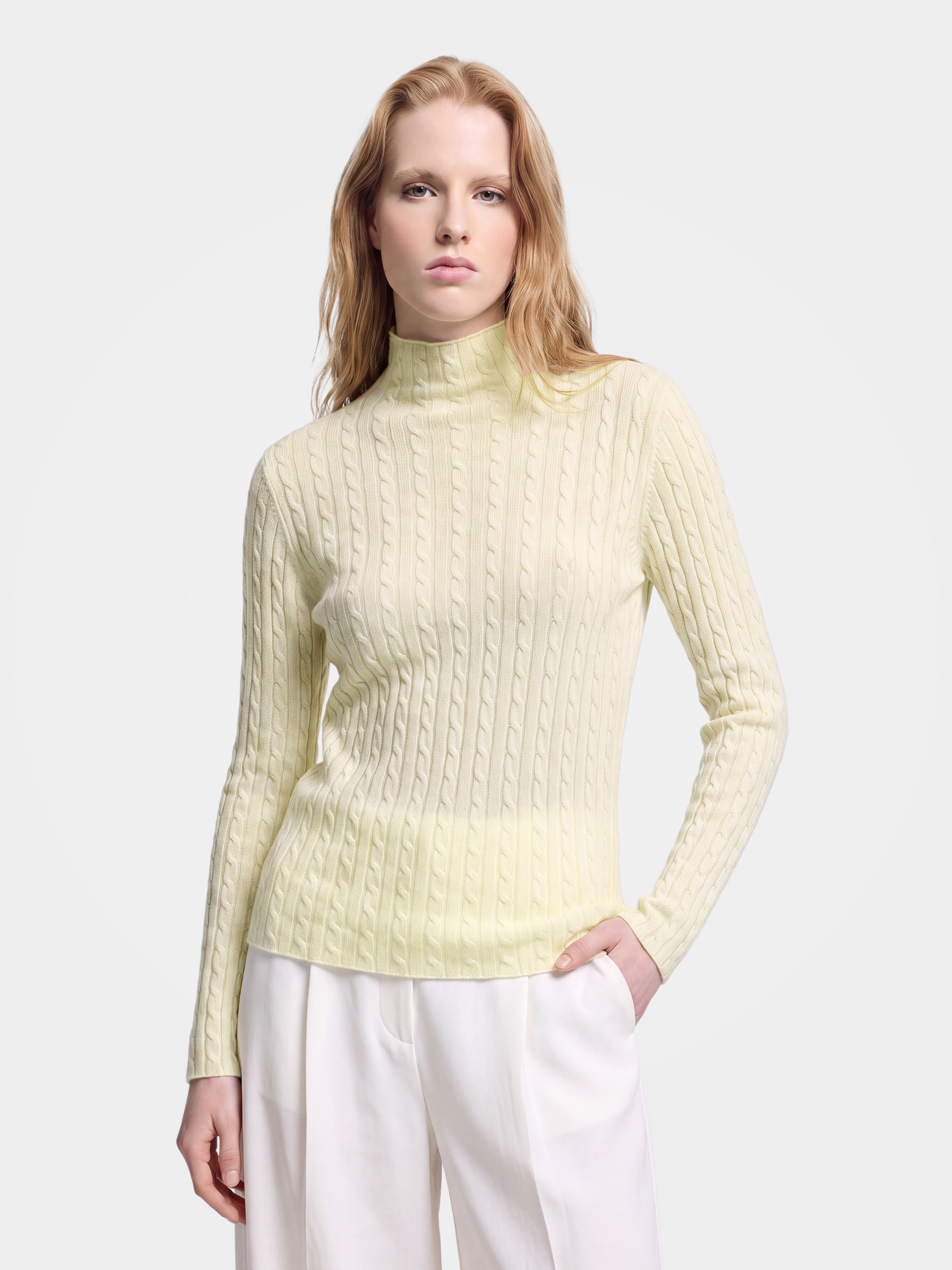 Cashmere Blend Cable Knit Mock Neck Sweater