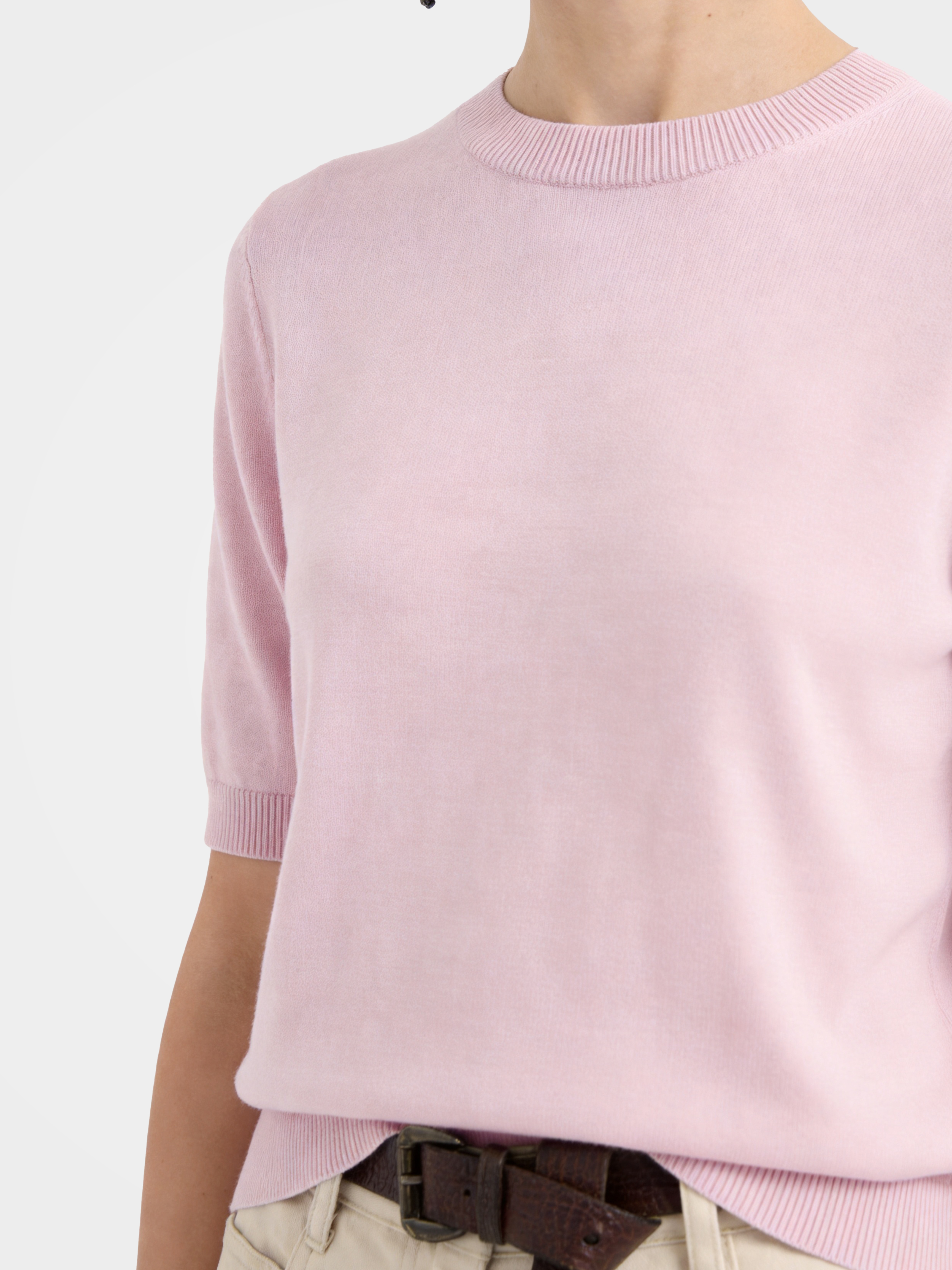 Cashmere Tencel Blend Soft & Lightweight Short Sleeve Knit Top – Crew Neck, Beige/Black/Gray