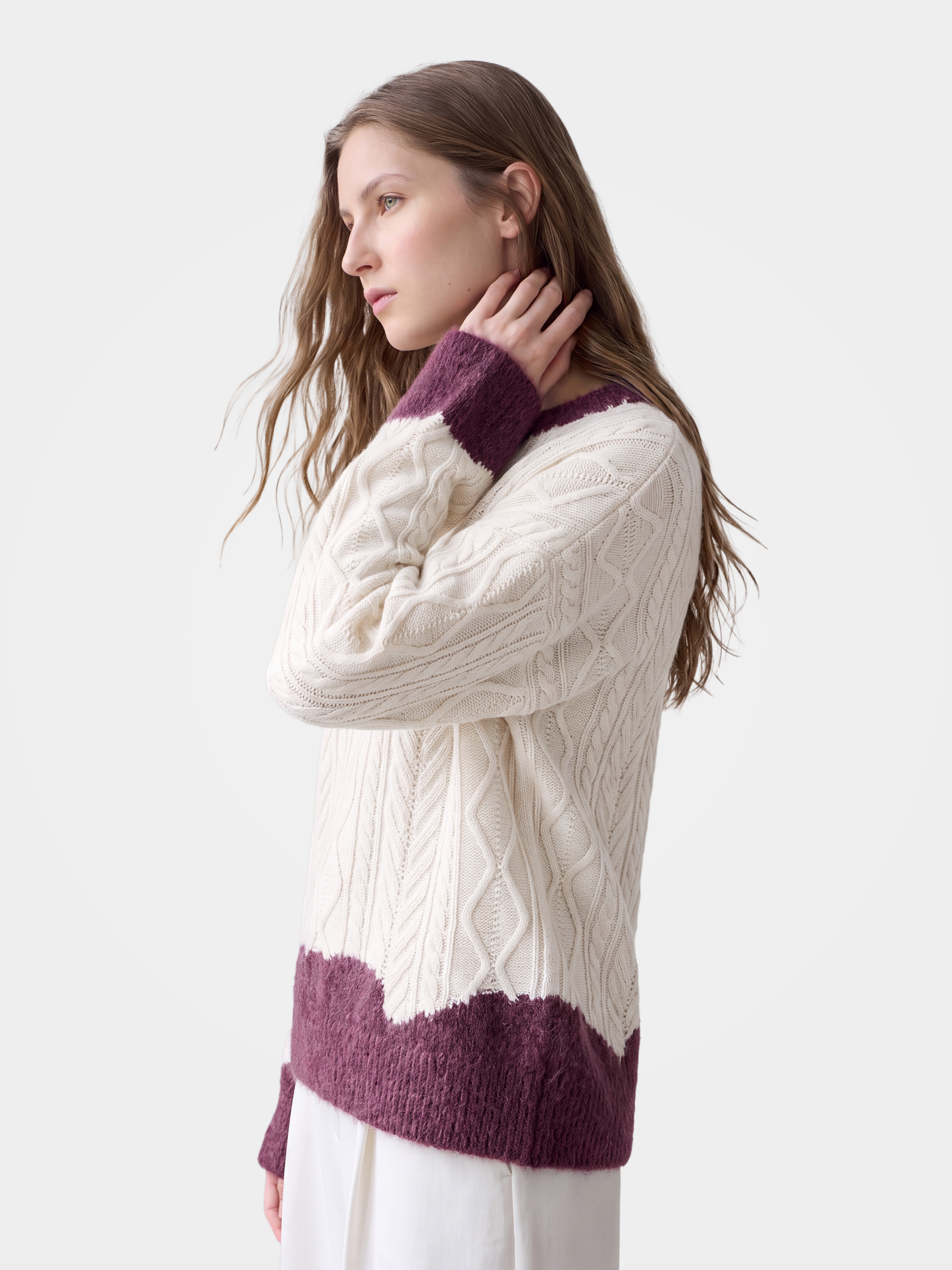 100% Cashmere Cable Knit Sweater with Contrast Brushed Trim