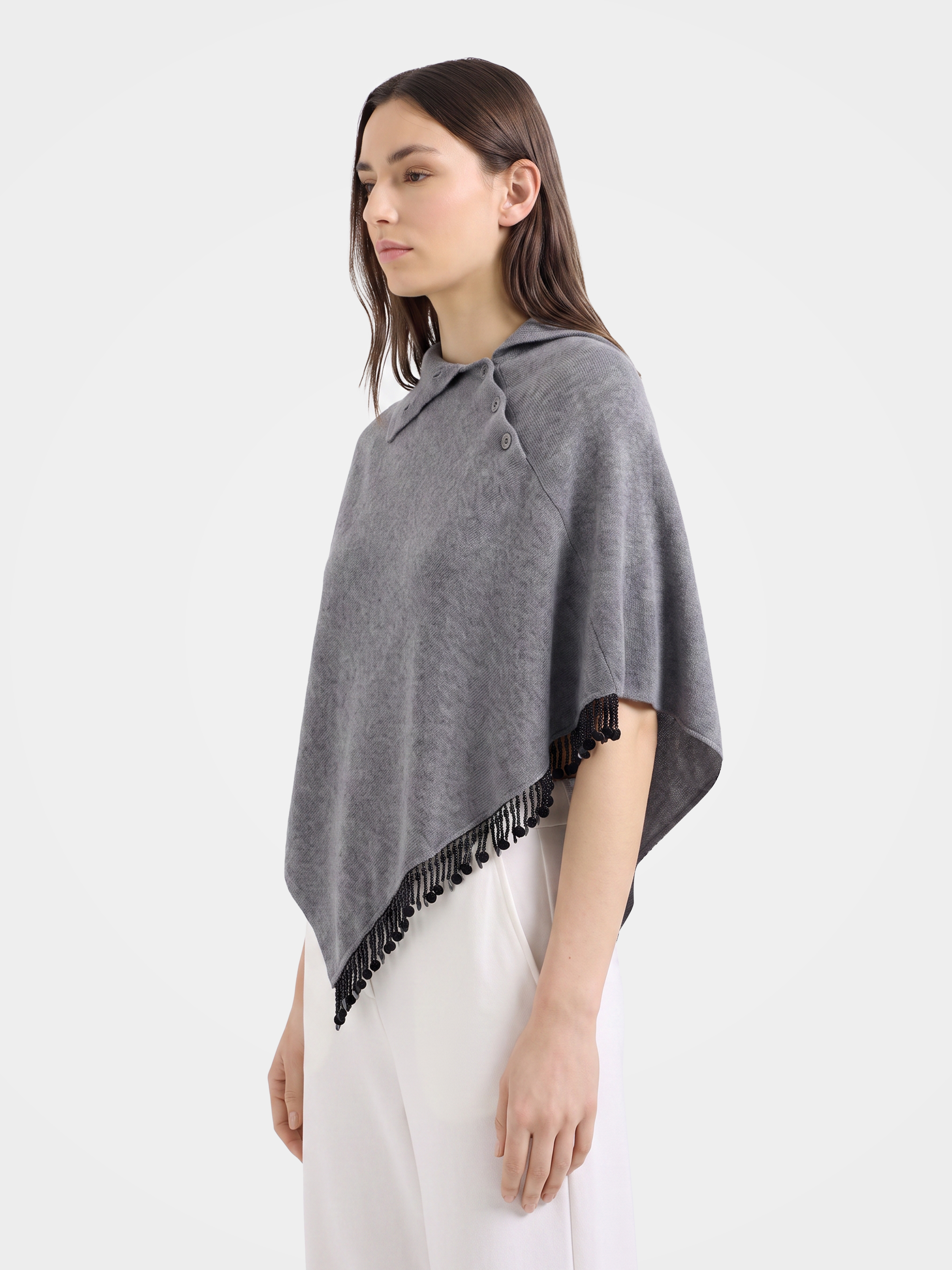 100% Cashmere Buttoned Collared Poncho Cape With Beaded Fringe