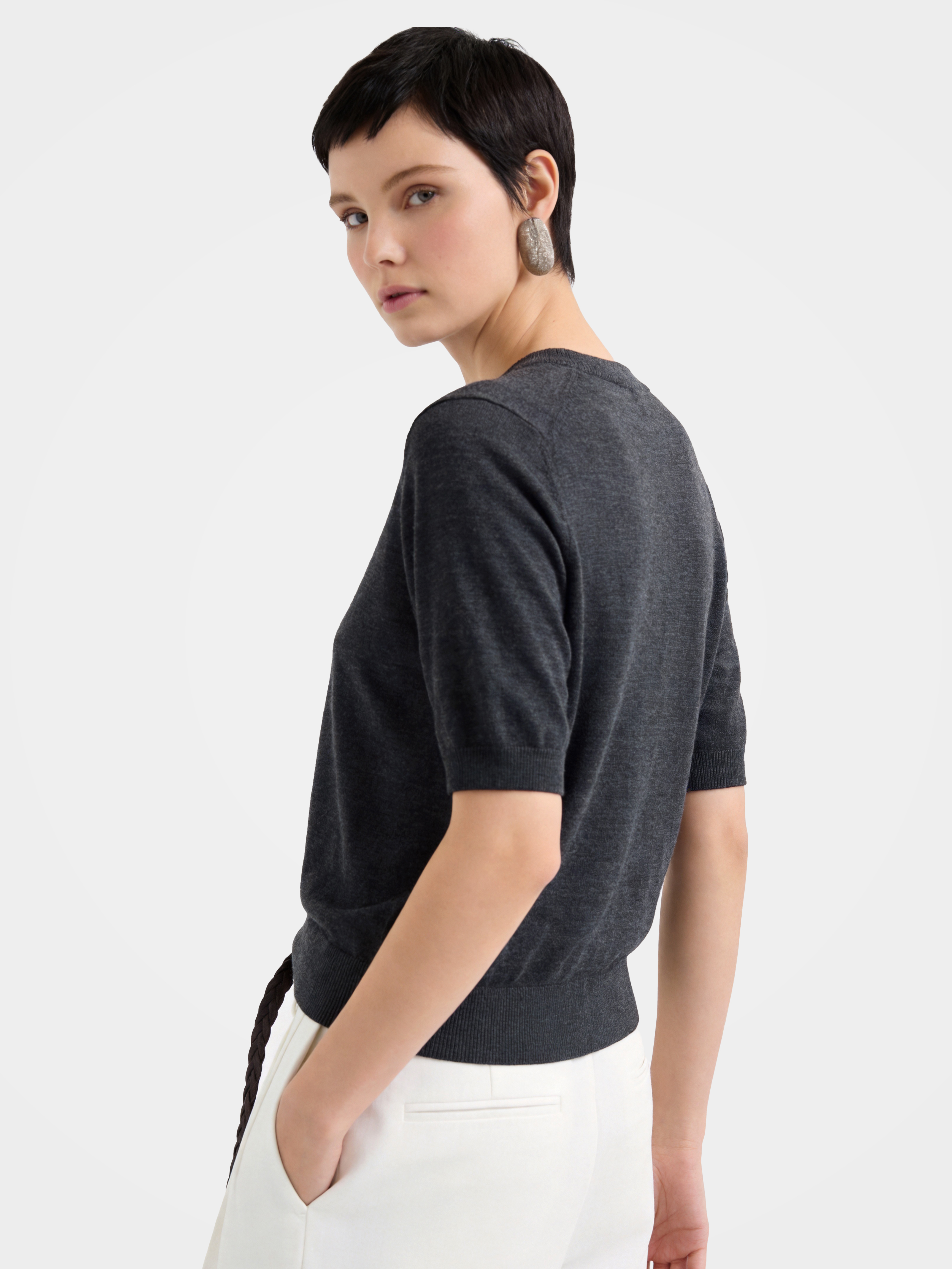 Cashmere Tencel Blend Soft & Lightweight Short Sleeve Knit Top – Crew Neck, Beige/Black/Gray