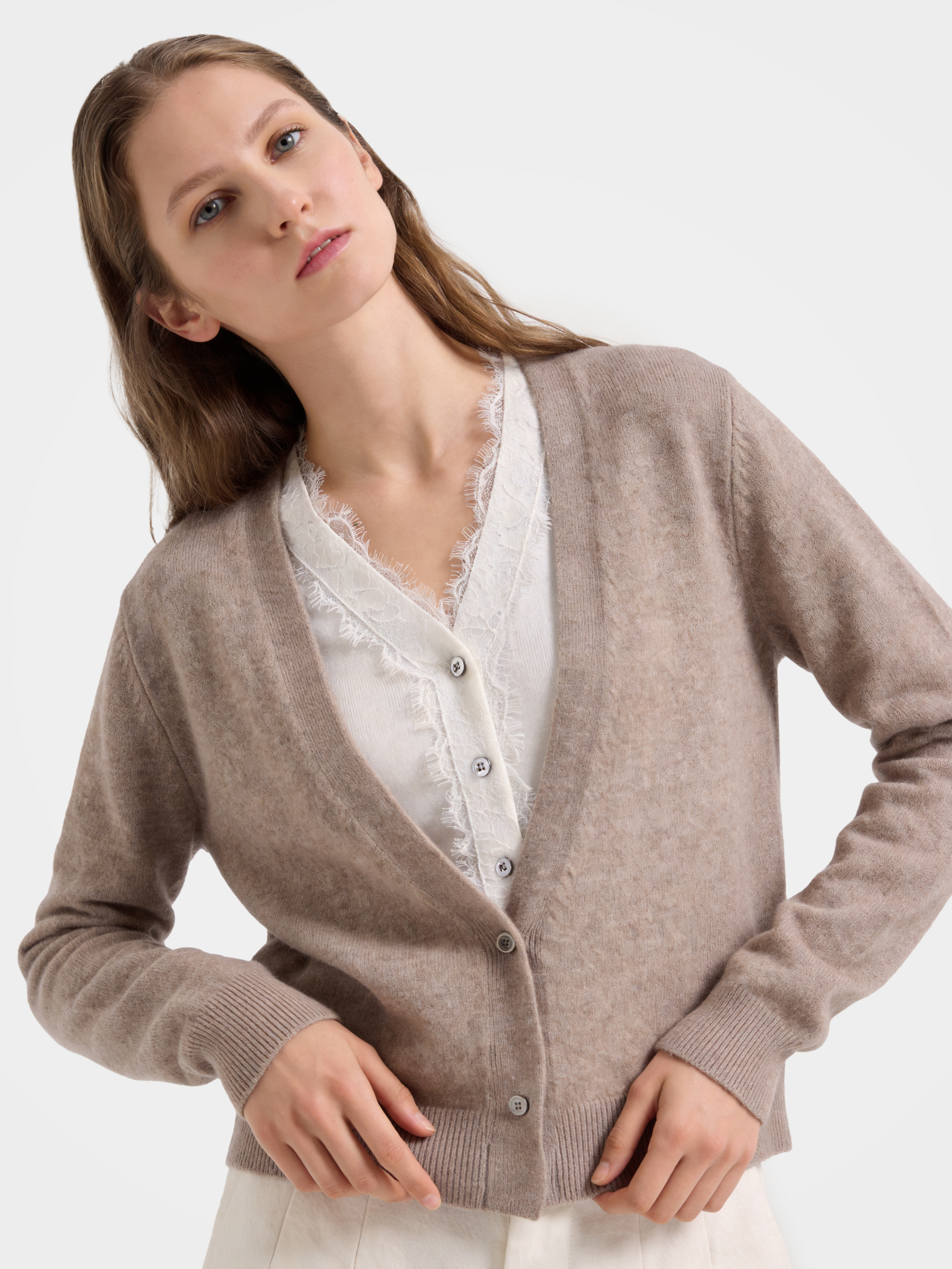 100% Cashmere Lace V-Neck Button-Front Cardigan