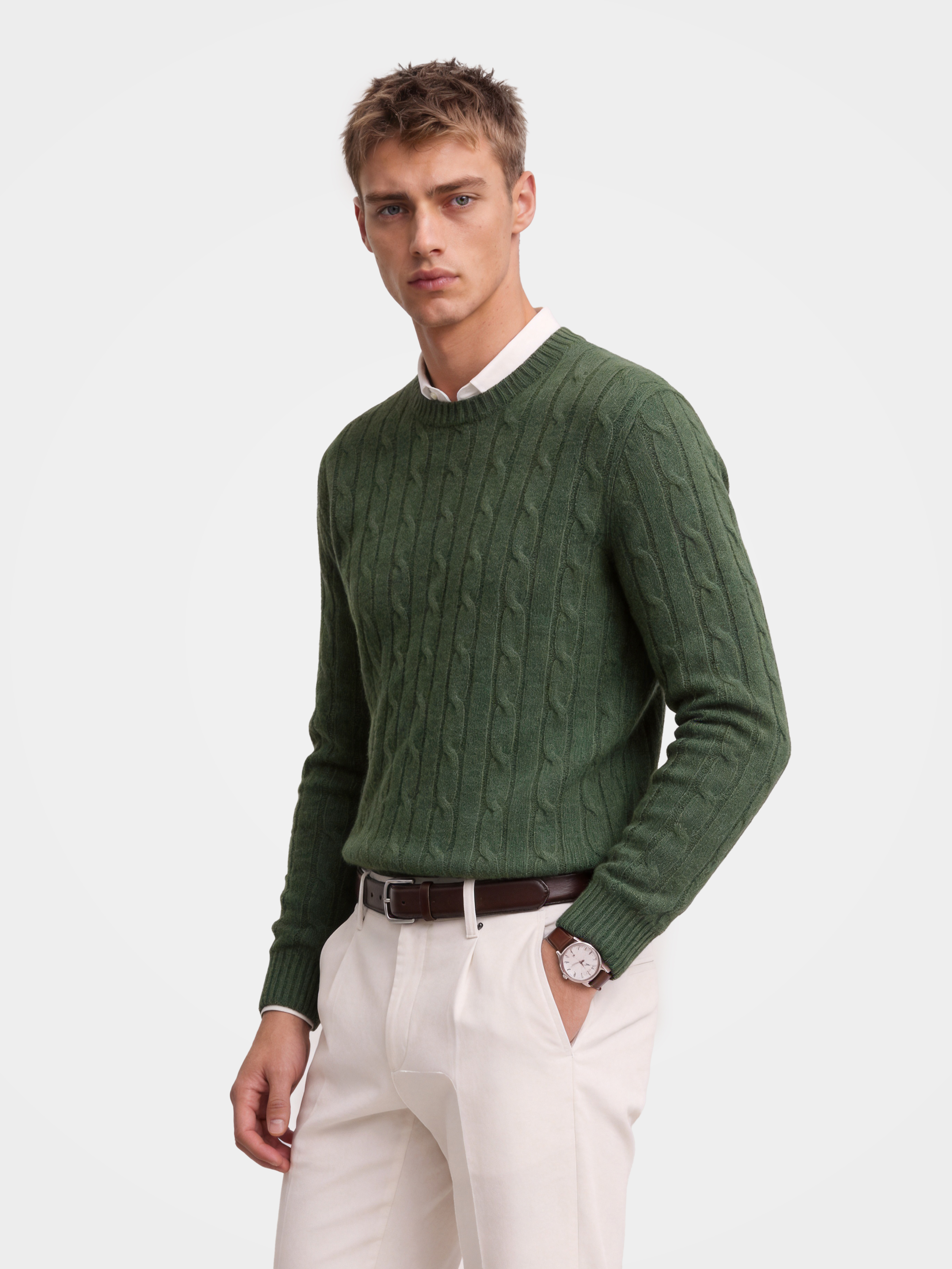 Men’s 100% Cashmere Crew Neck Cable Knit Sweater