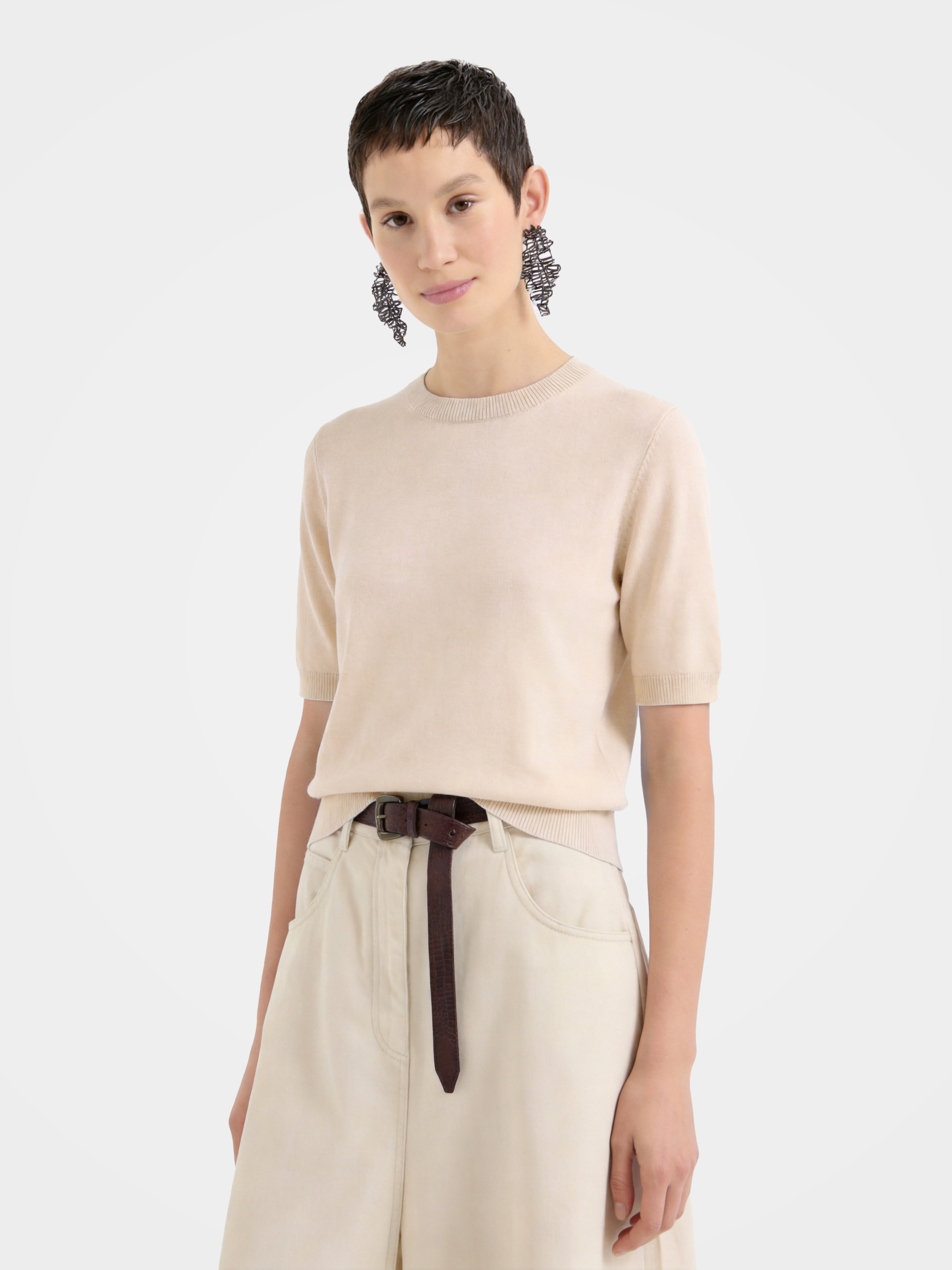 Cashmere Tencel Blend Soft & Lightweight Short Sleeve Knit Top – Crew Neck, Beige/Black/Gray