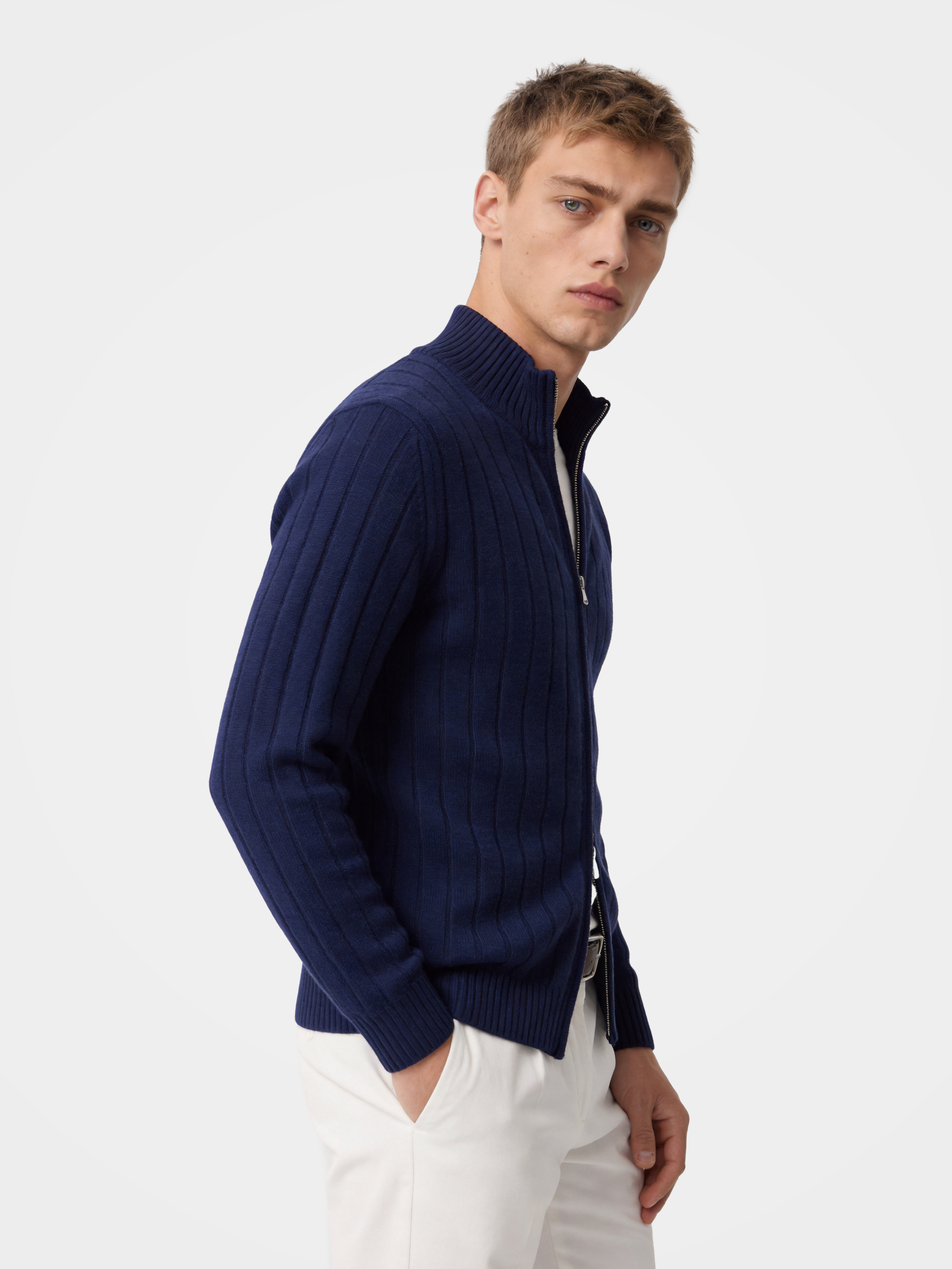 Men’s 100% Cashmere Mock Neck Zip Rib Knit Cardigan