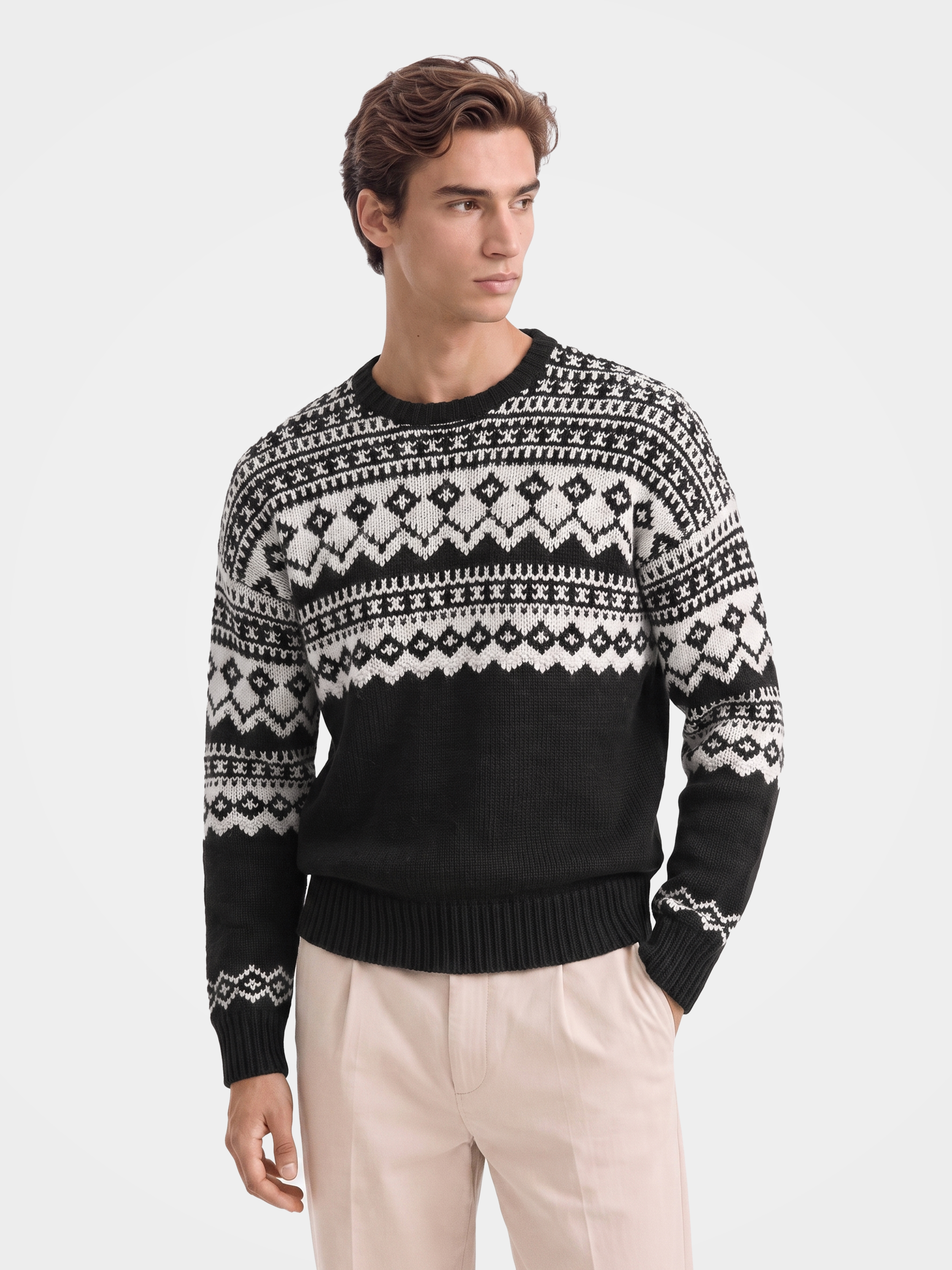 Pre-Order | Men’s 100% Cashmere Crew Neck Fair Isle Knit Cardigan (10-14 Business Days)