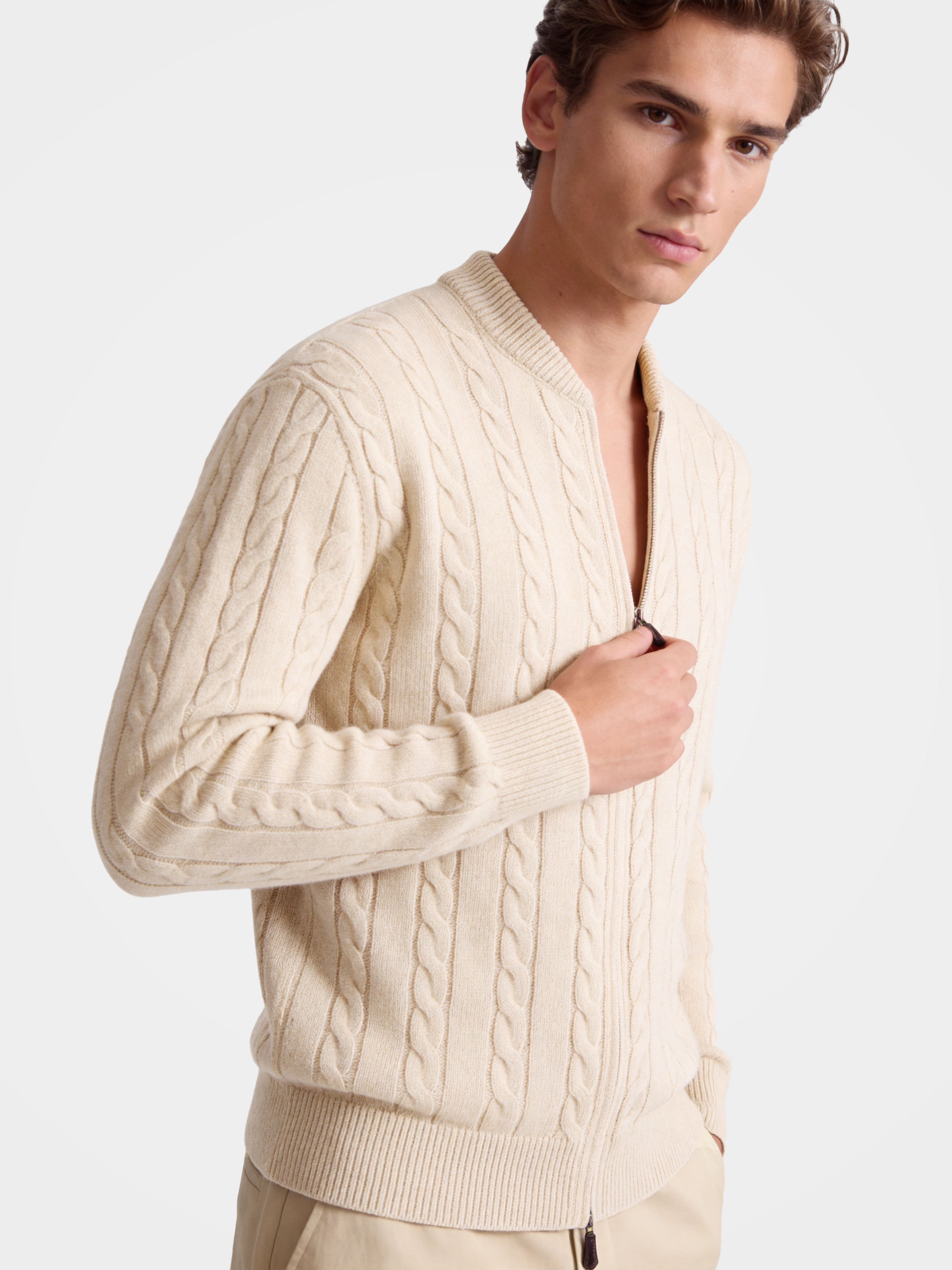 Pre-Order | Men’s 100% Cashmere Baseball Collar Zip Cable Knit Cardigan (10-14 Business Days)