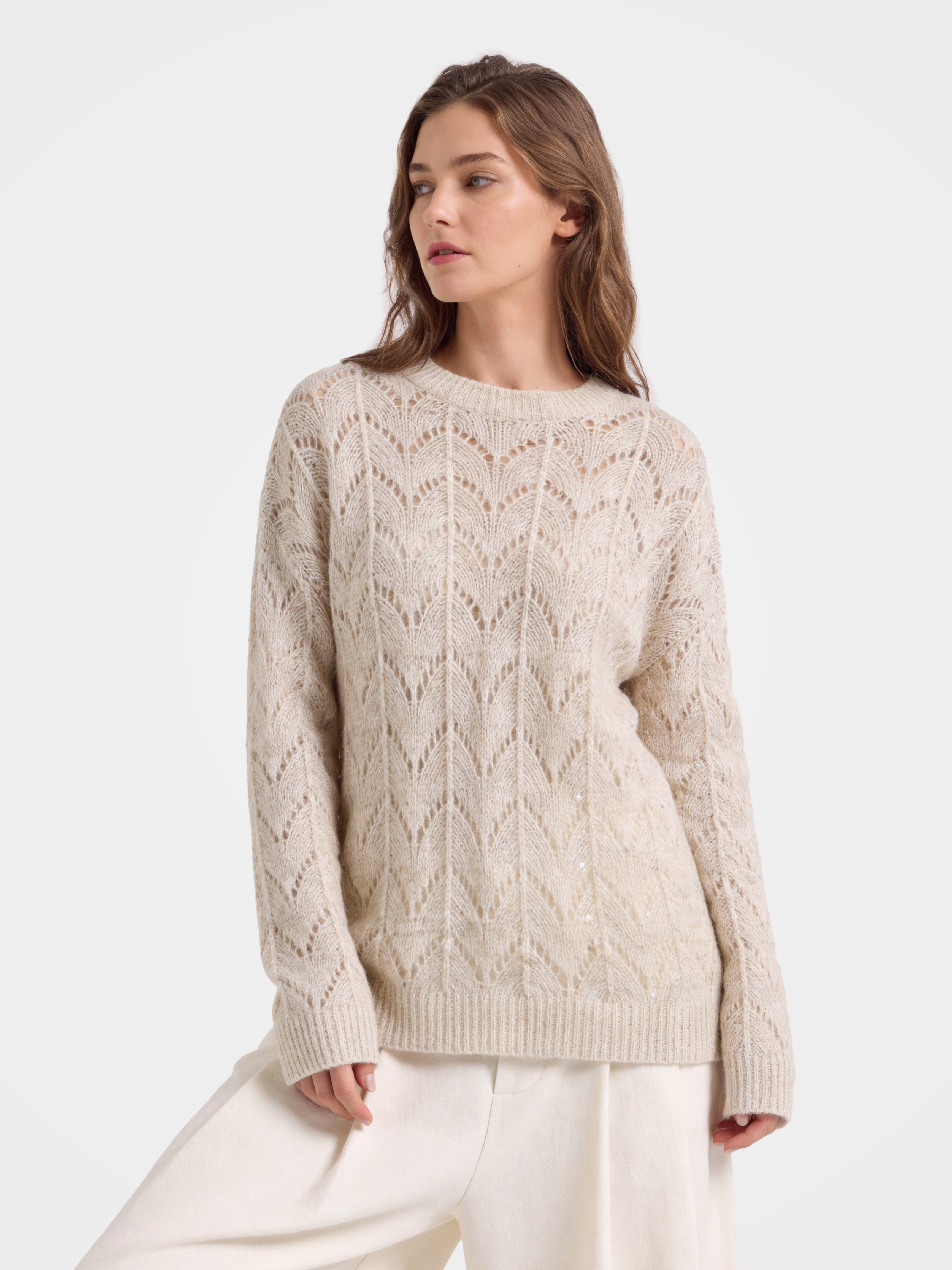 Cashmere Openwork Knit Crew Neck Sequin Sweater