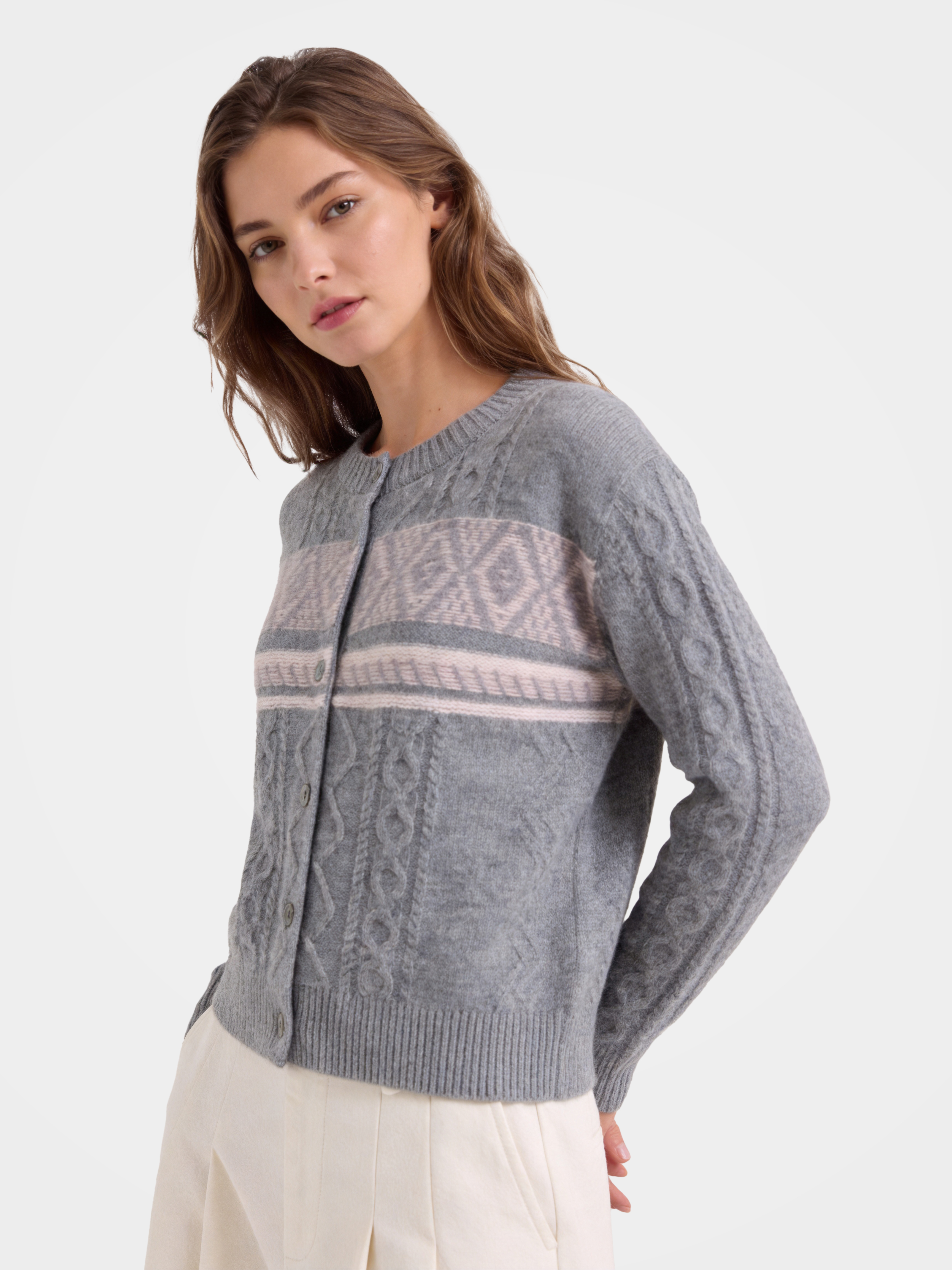 100% Cashmere Cable Knit Crew Neck Cardigan