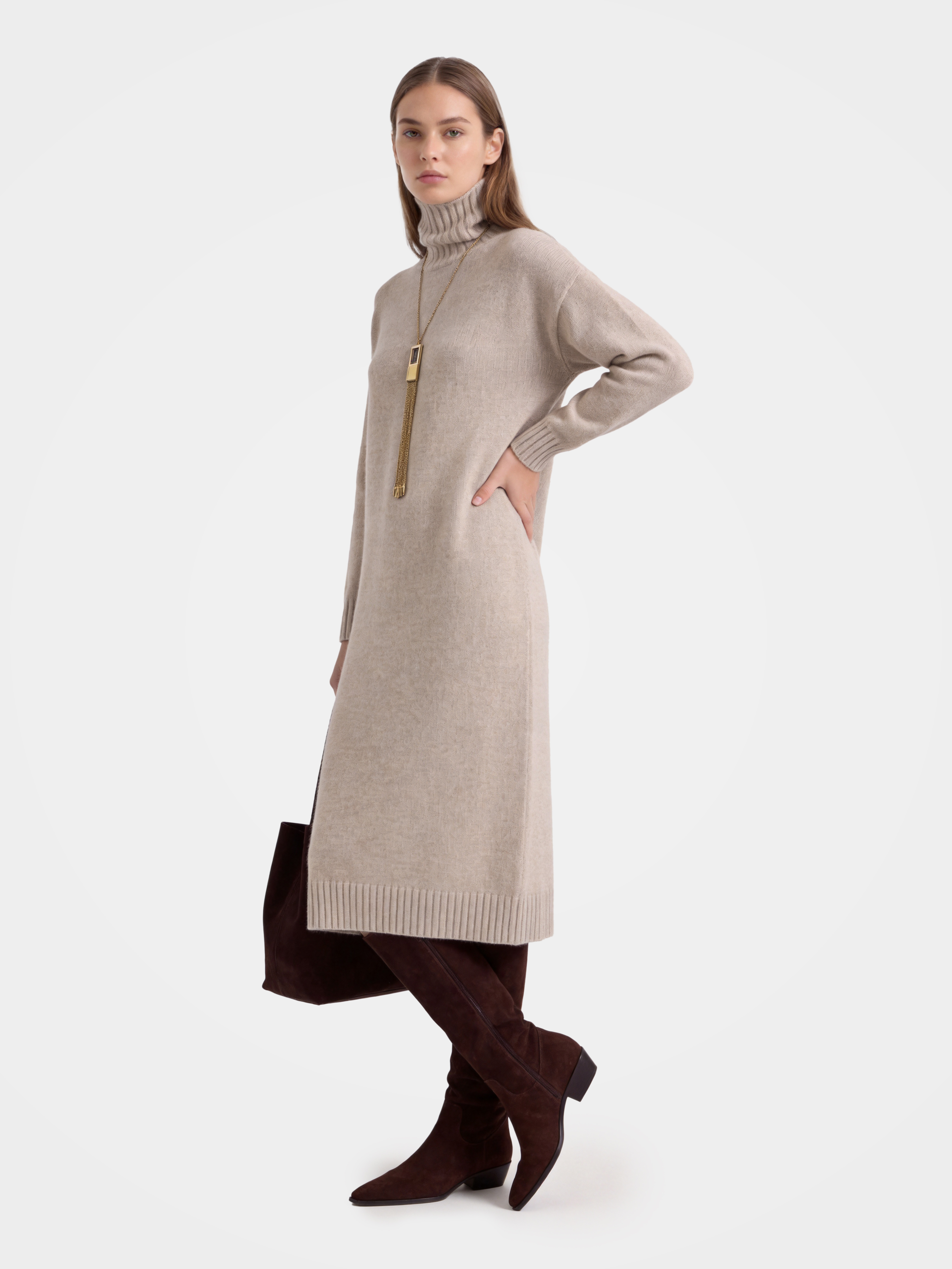 Pre-Order | Luxurious 100% Cashmere Turtleneck Knit Midi Sweater Dress (10-14 Business Days)