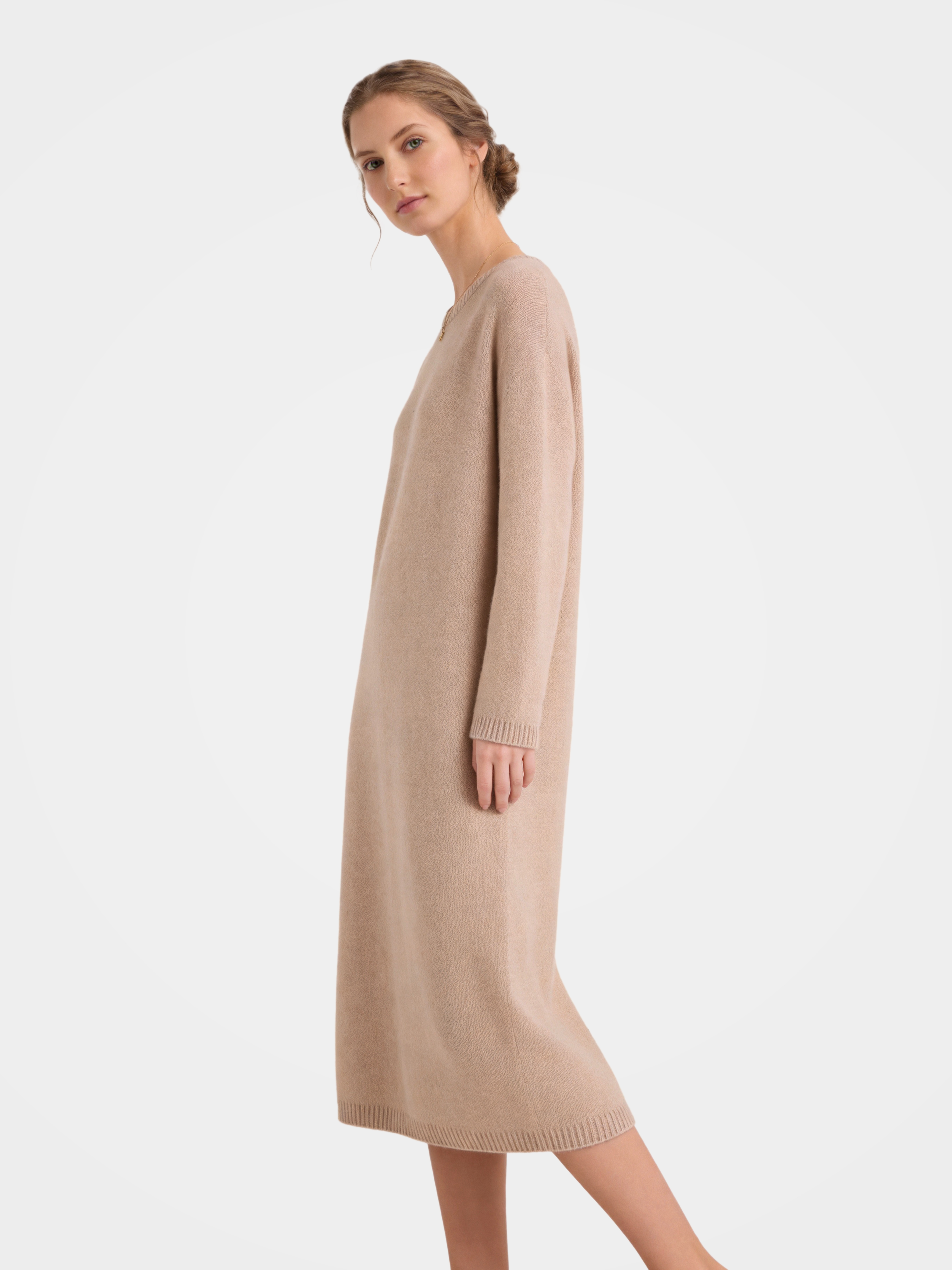 100% Cashmere Long Sleeve Crew Neck Midi Sweater Dress