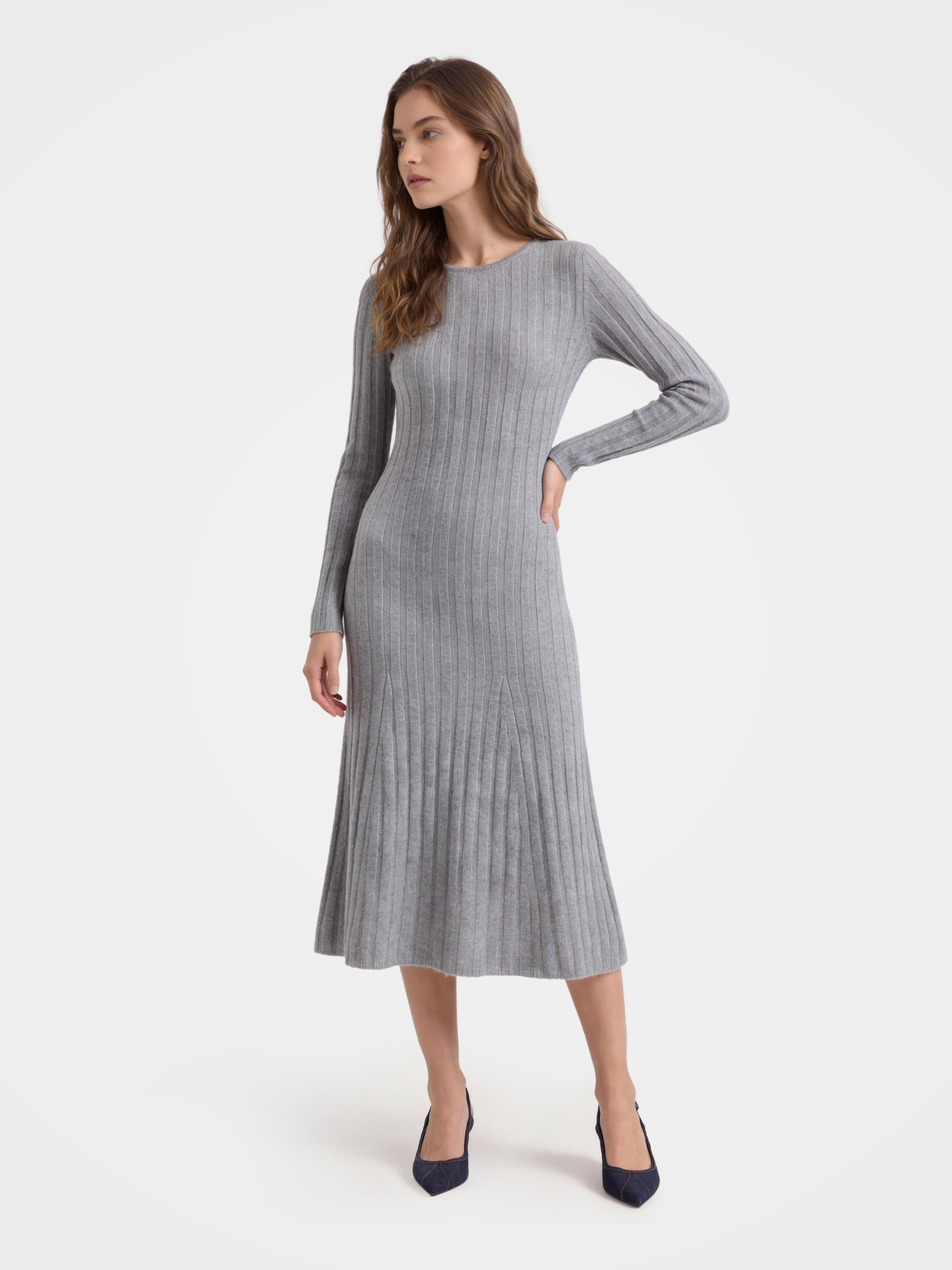 100% Mongolian Cashmere Rib Knit Midi Sweater Dress