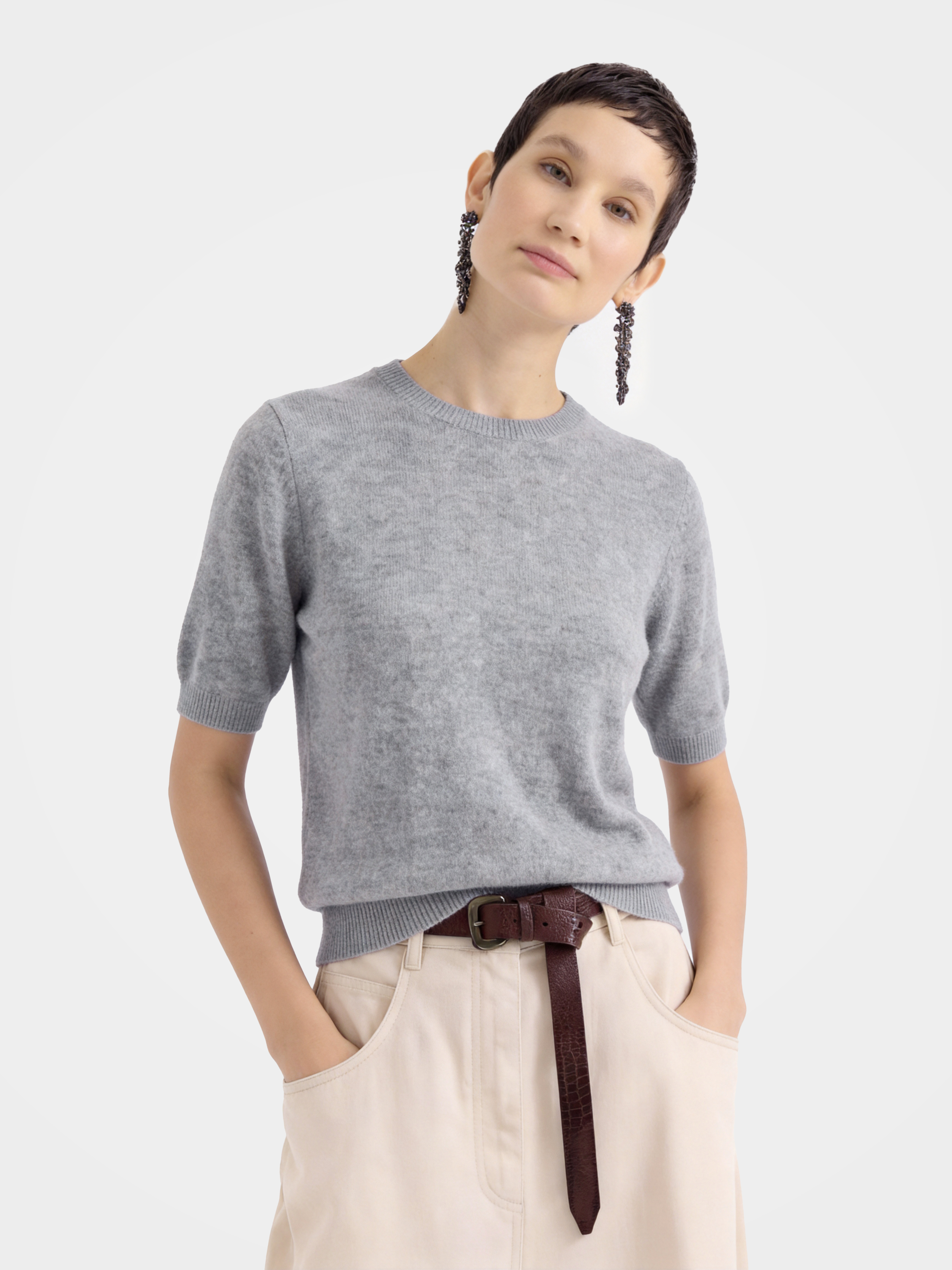 Cashmere Tencel Blend Soft & Lightweight Short Sleeve Knit Top – Crew Neck, Beige/Black/Gray