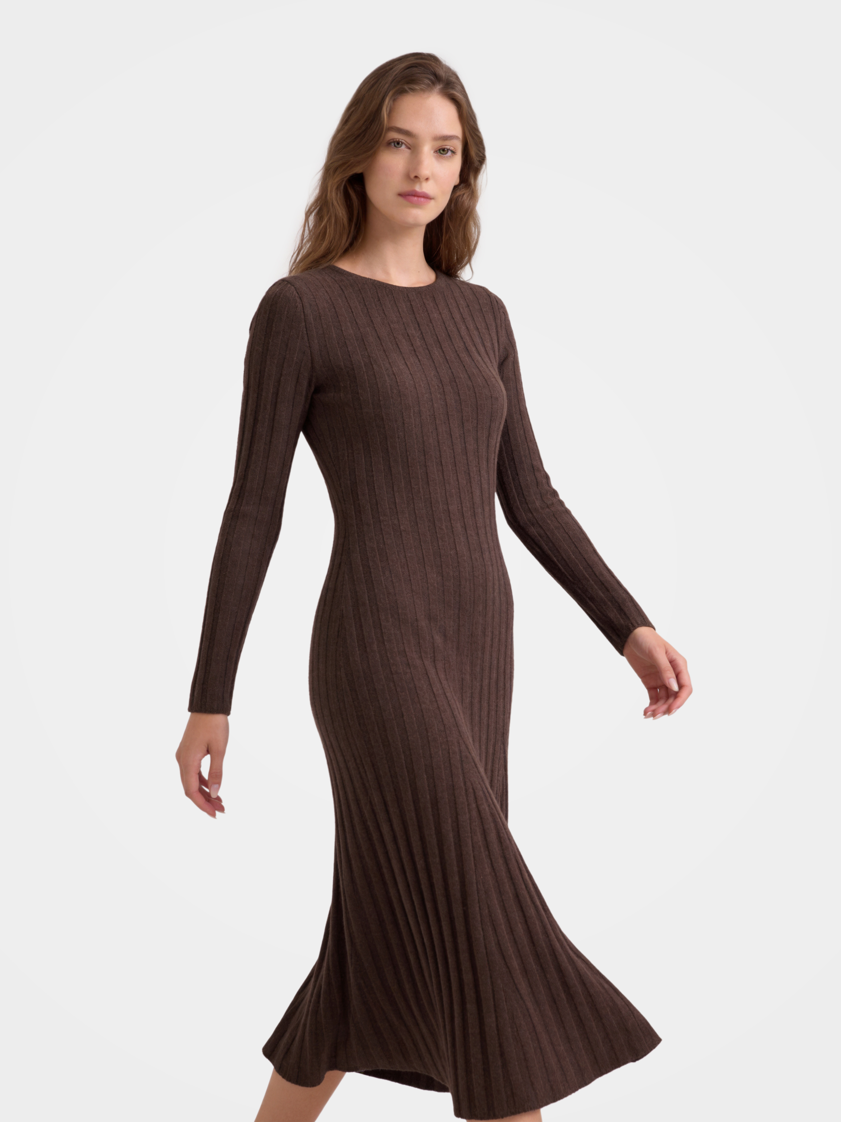 100% Mongolian Cashmere Rib Knit Midi Sweater Dress