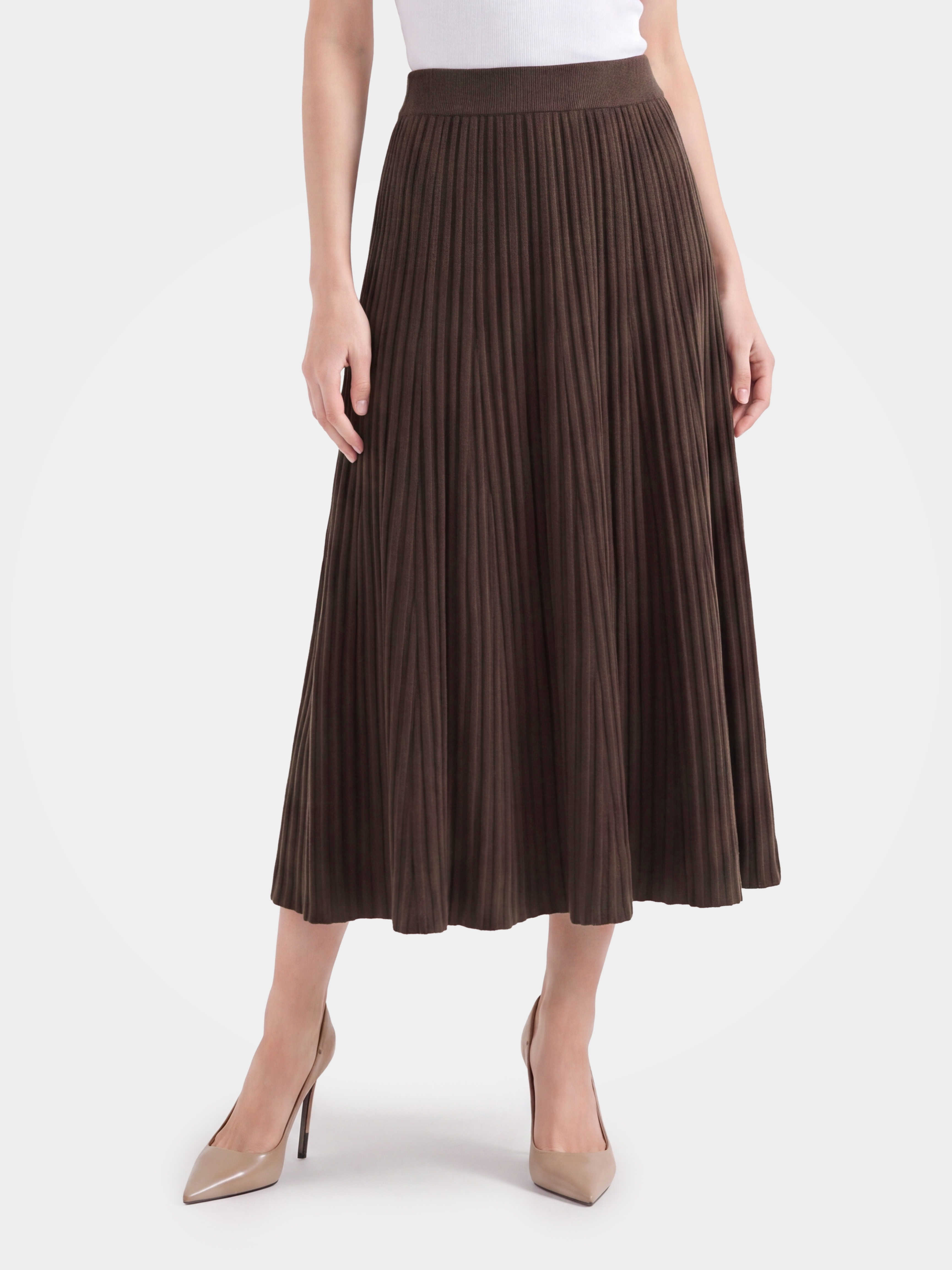 100% Mongolian Cashmere Rib Knit Pleated Midi Skirt