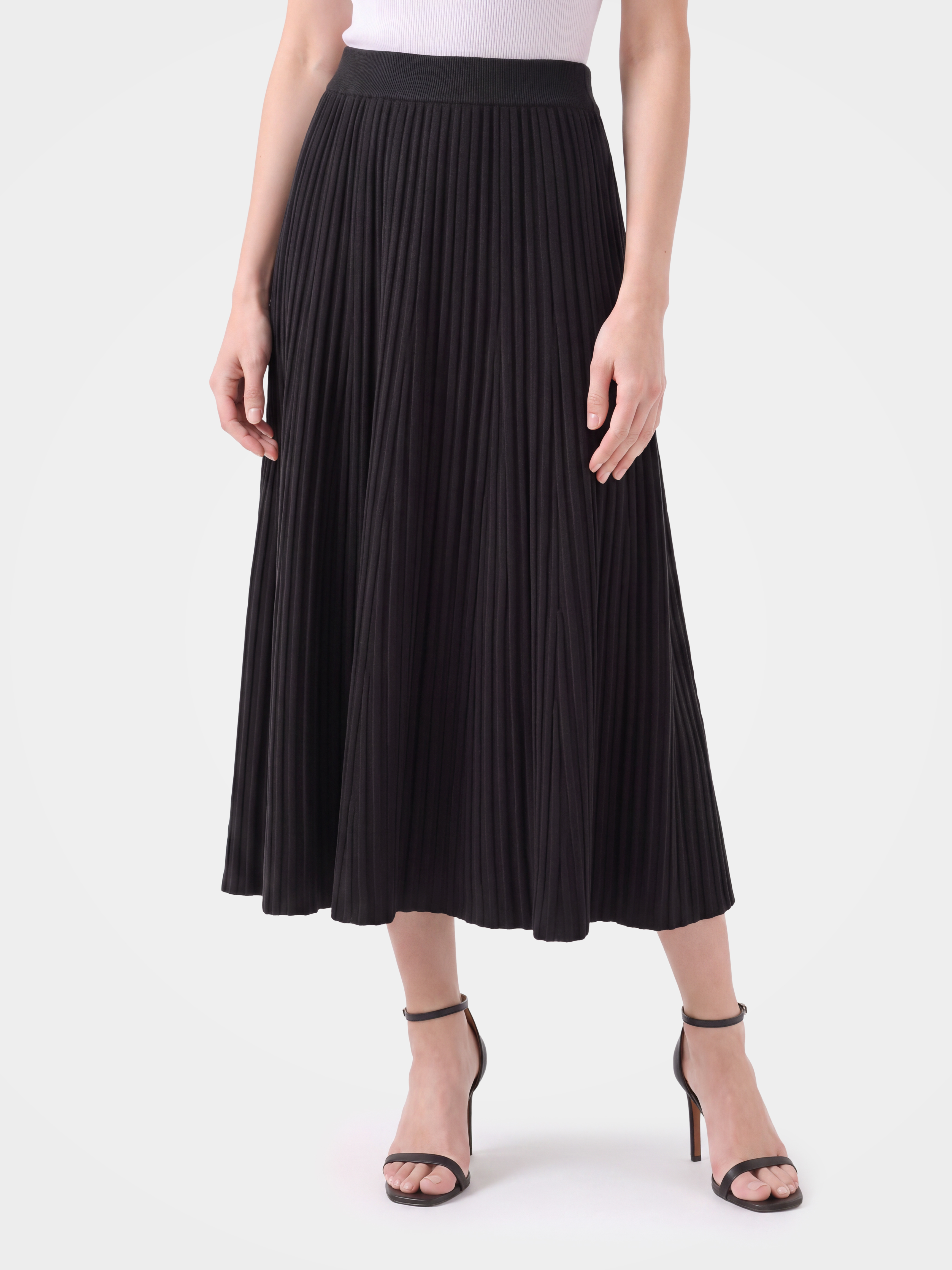 100% Mongolian Cashmere Rib Knit Pleated Midi Skirt