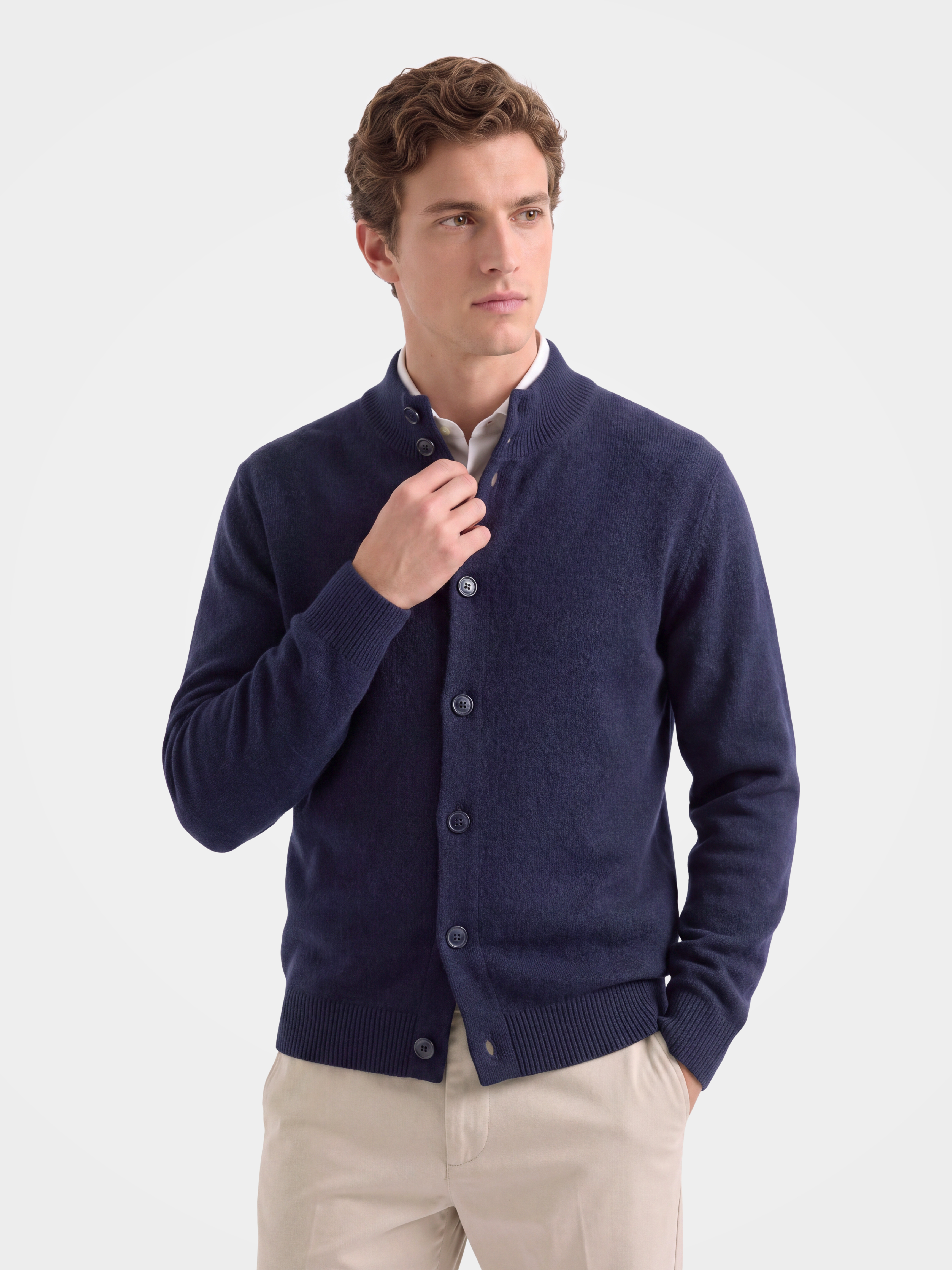 Men's 100% Wool Mock Neck Long Sleeve Cardigan Sweater