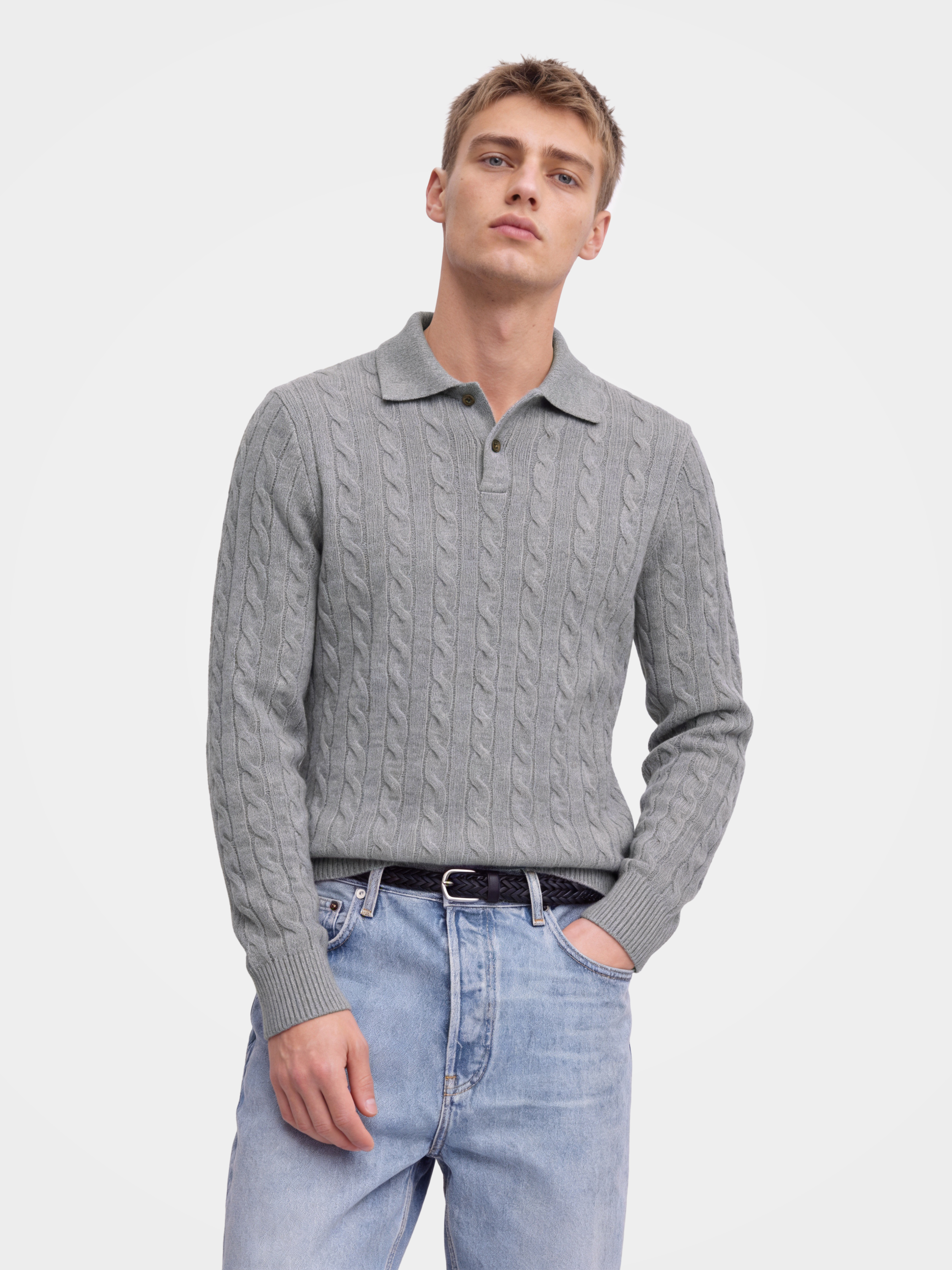 Pre-Order | Men's 100% Cashmere Cable Knit Polo Collar Sweater (10-14 Business Days)