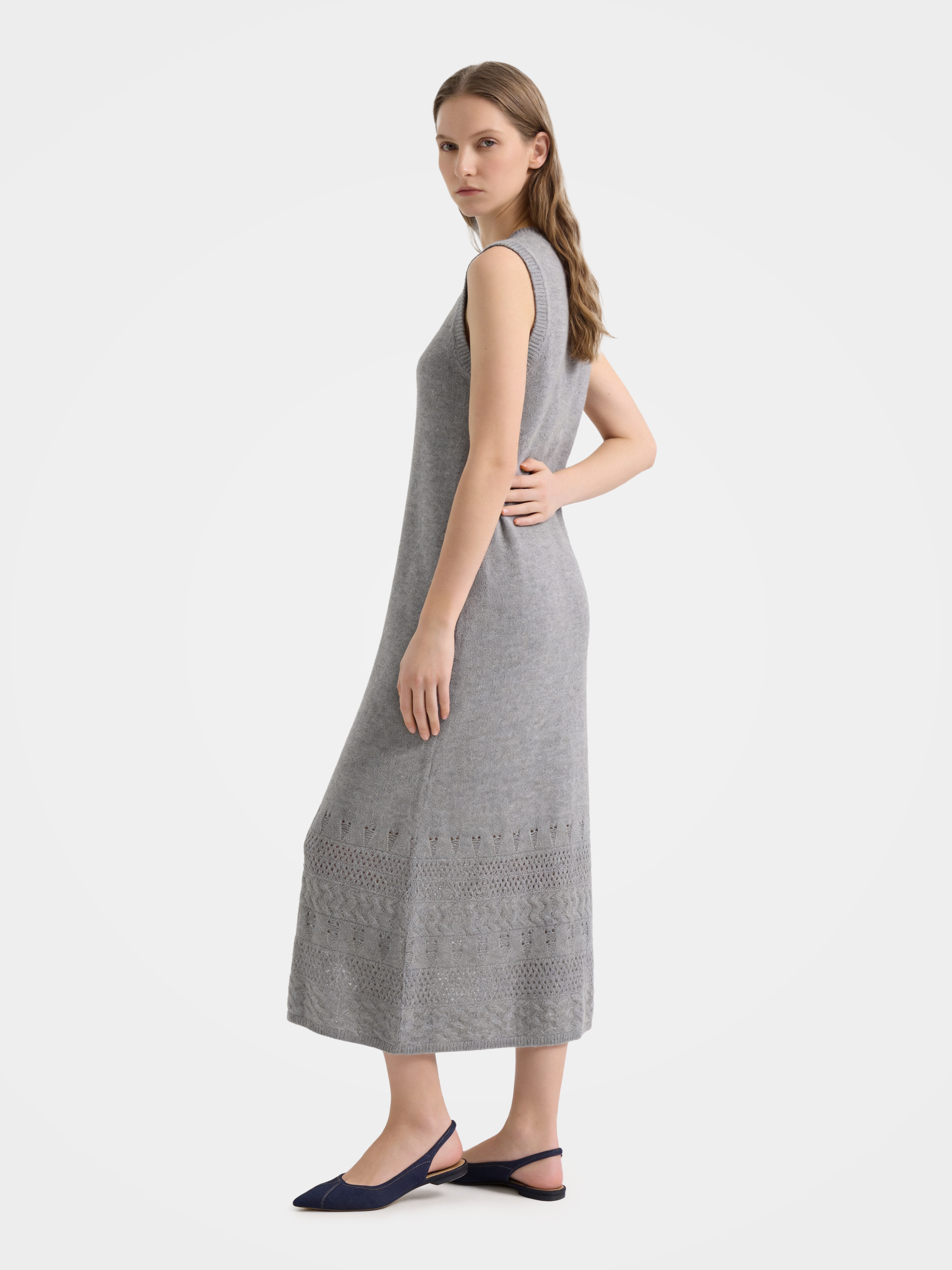 100% Cashmere Sleeveless Openwork Knit Midi Sweater Dress
