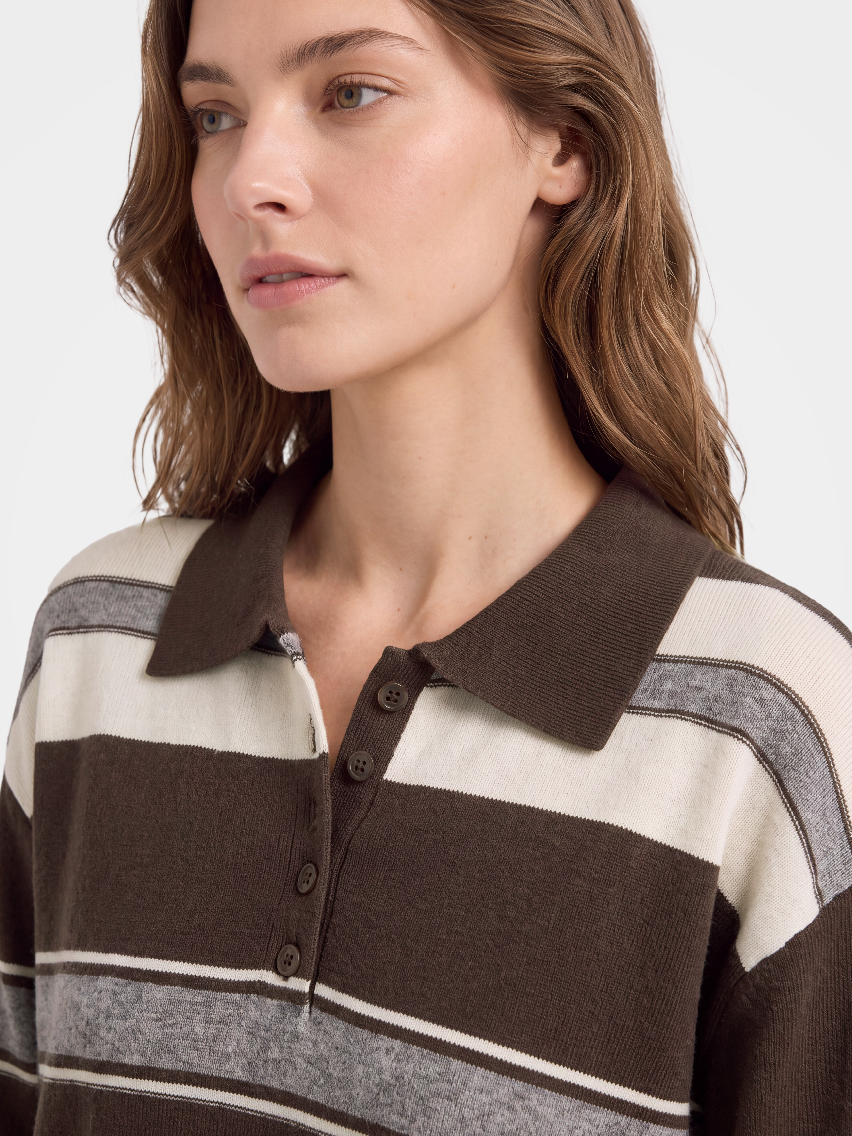 100% Cashmere Striped Polo Collar Long Sleeve Knit Sweater