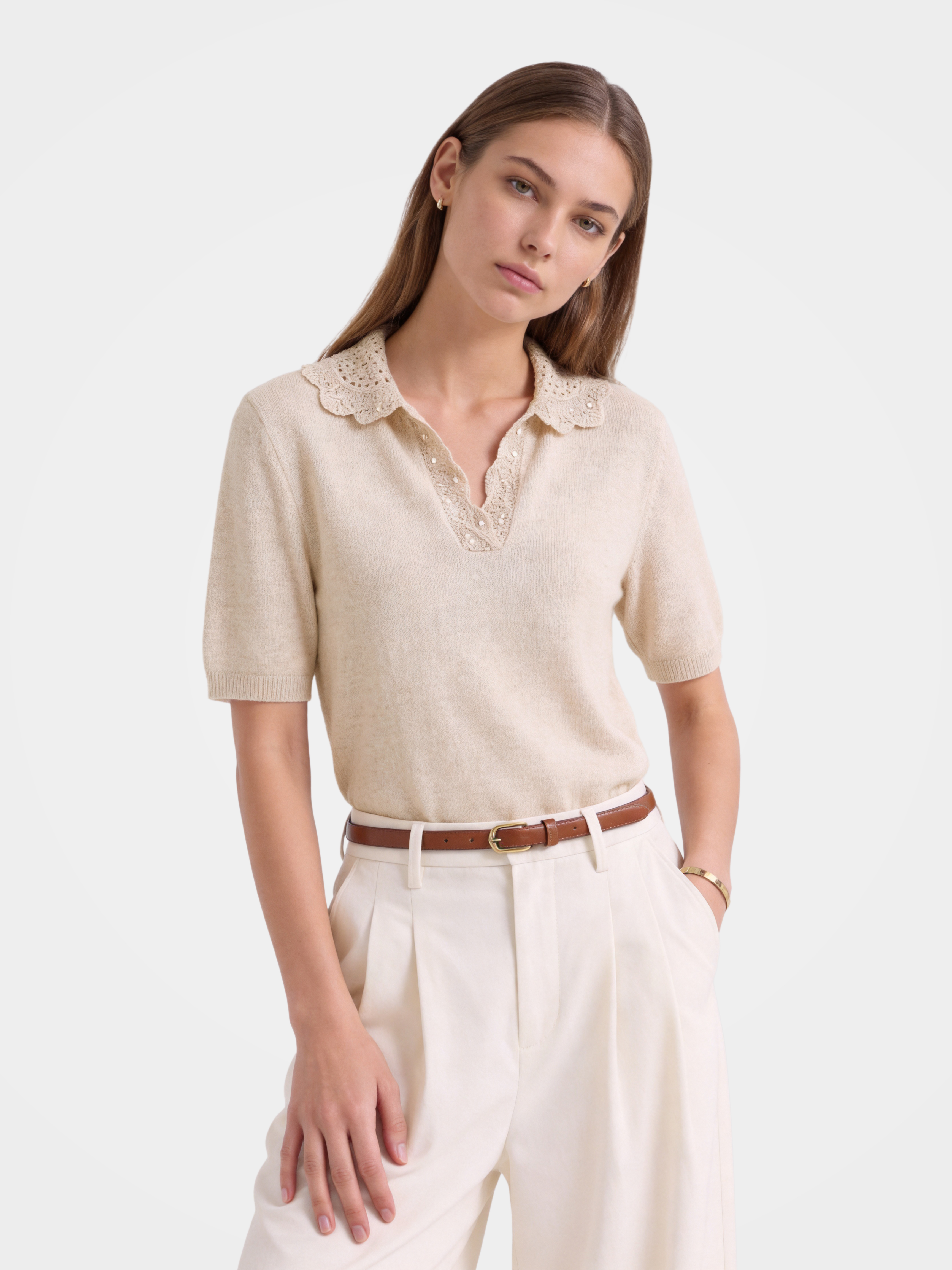 100% Cashmere Openwork Knit Polo Short Sleeve Top