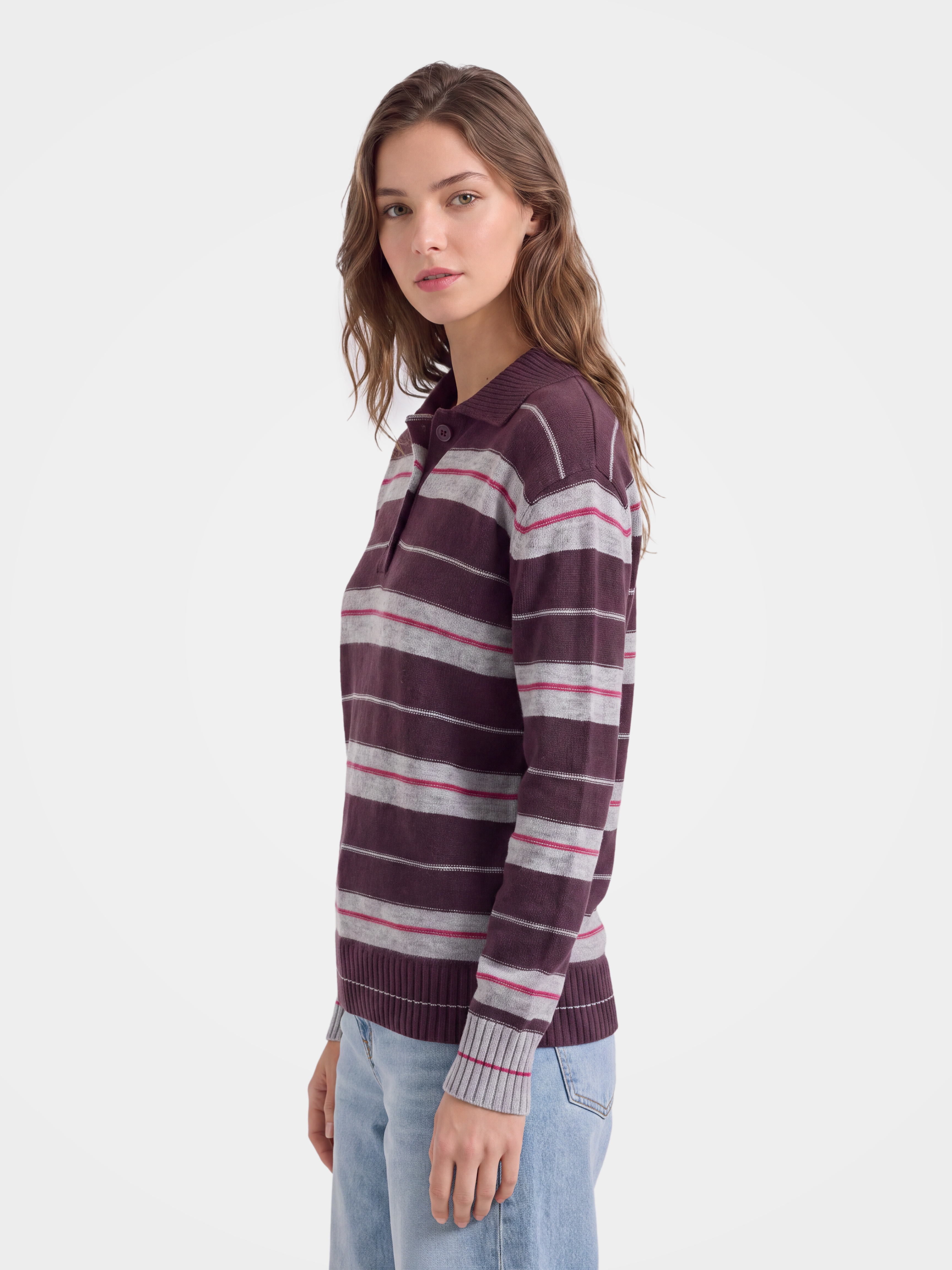 100% Cashmere Striped Polo Collar Knit Sweater