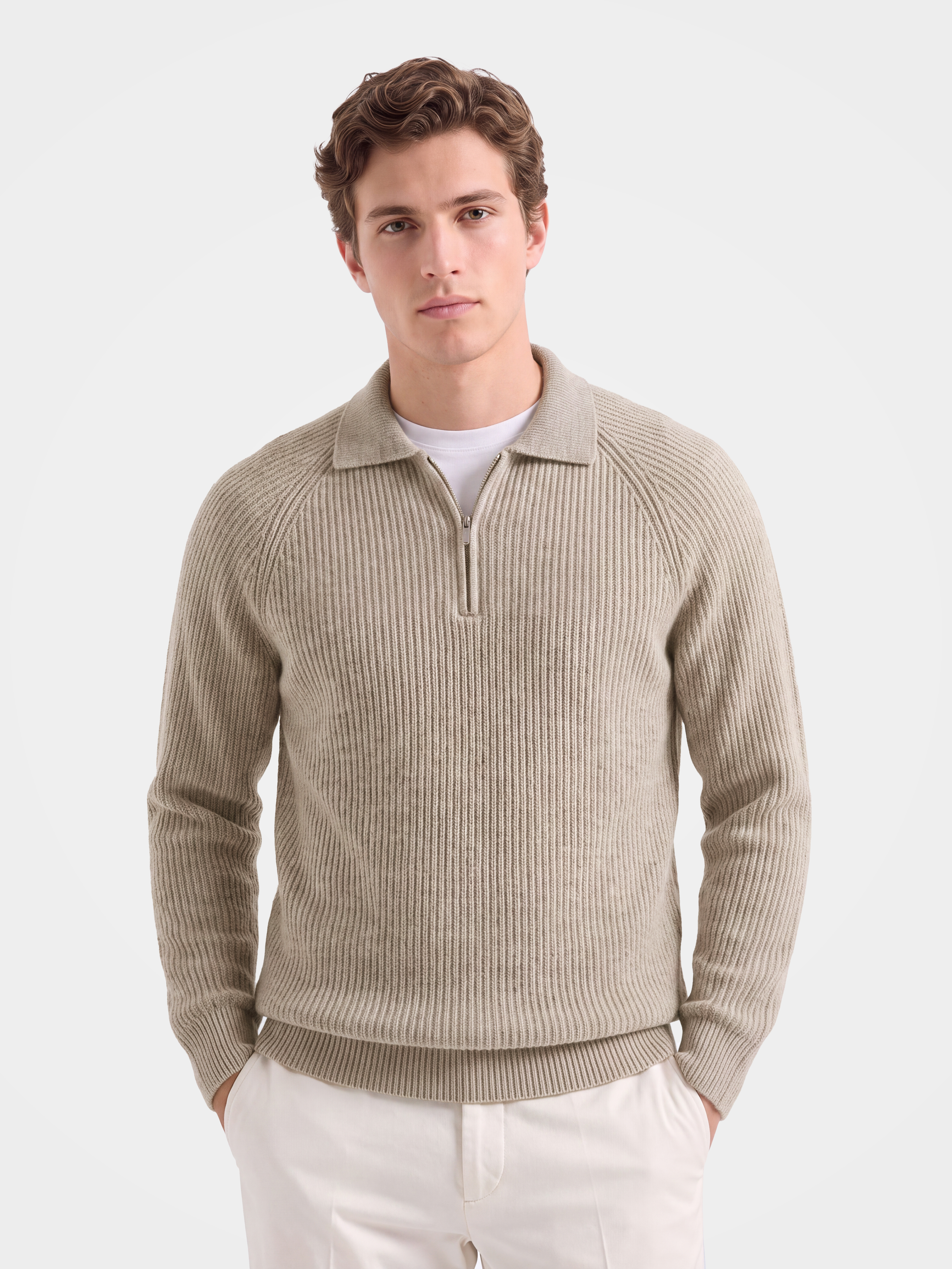 Pre-Order | Men's 100% Cashmere Rib Knit Collared Quarter-Zip Sweater (10-14 Business Days)