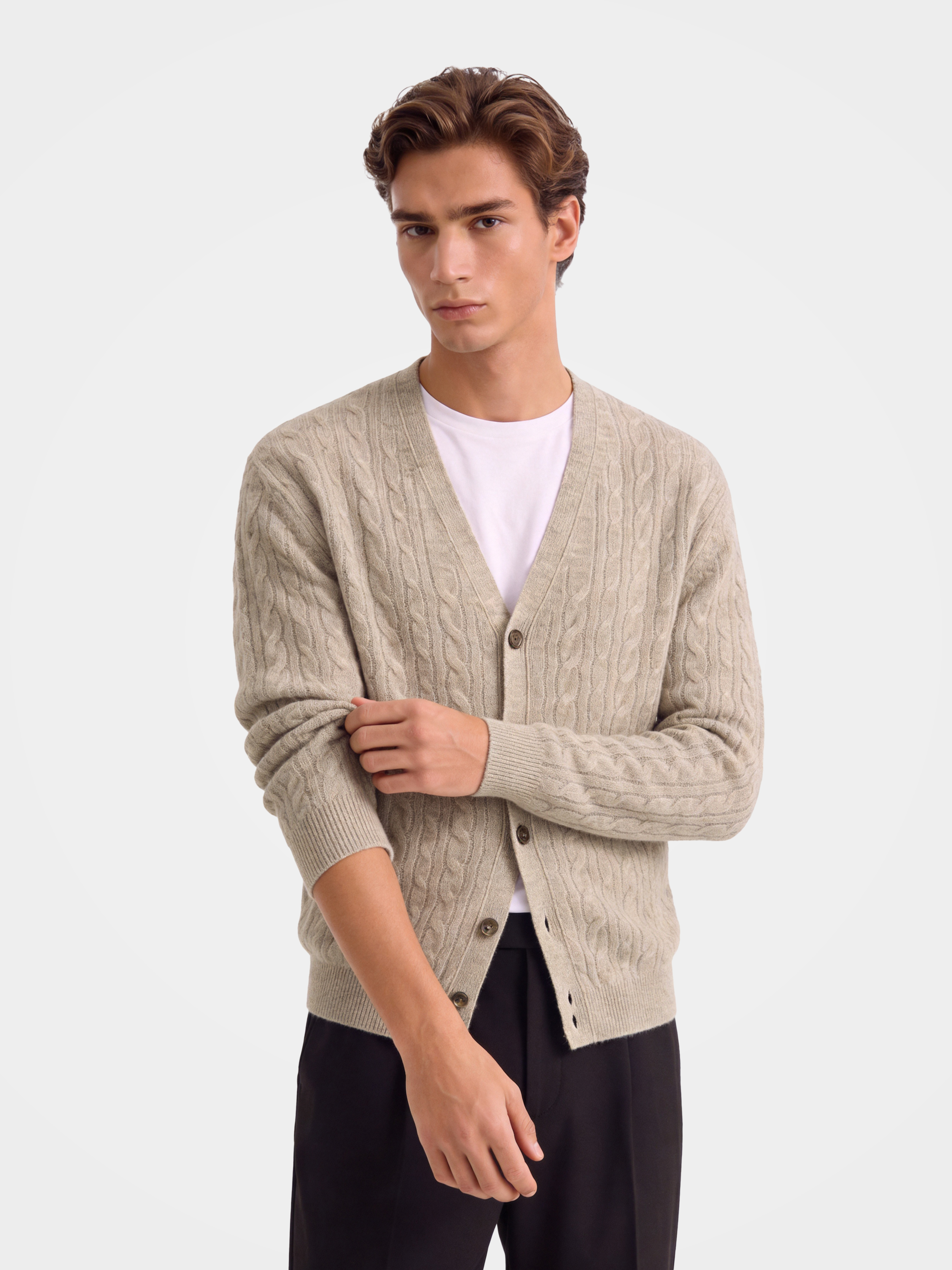 Pre-Order | Men's 100% Mongolian Cashmere Cable Knit V-Neck Cardigan (10-14 Business Days)
