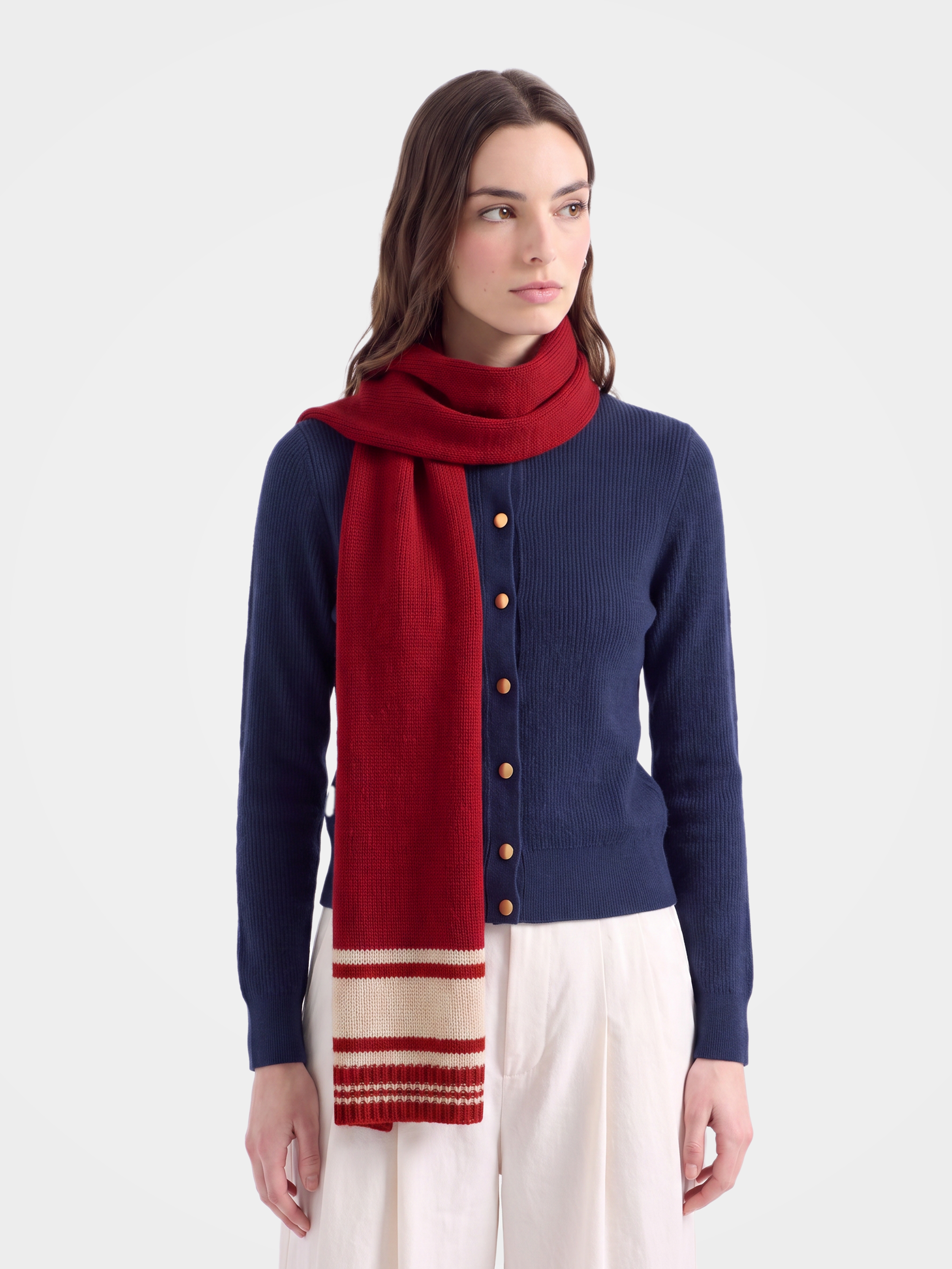 100% Cashmere Knit Stripe Fringe Long Scarf