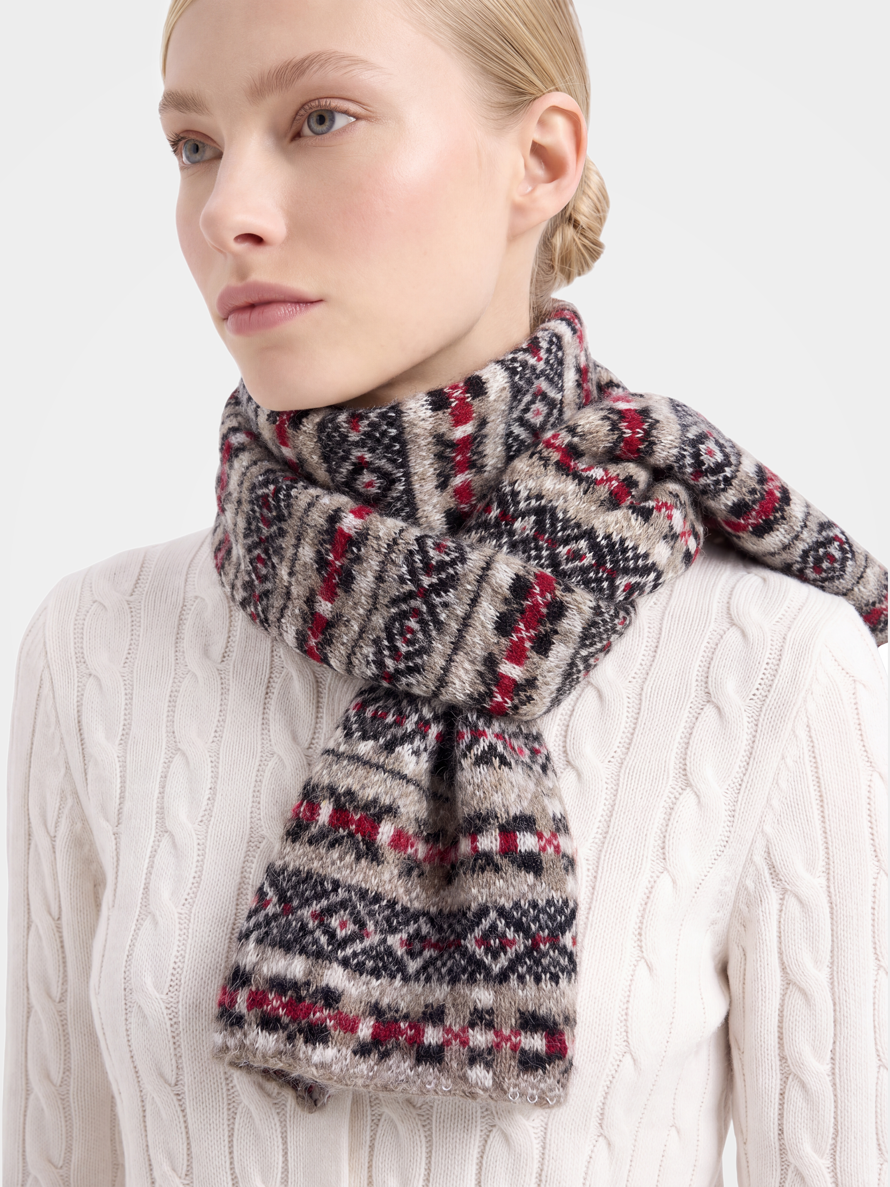 100% Cashmere Knit Fair Isle Long Scarf