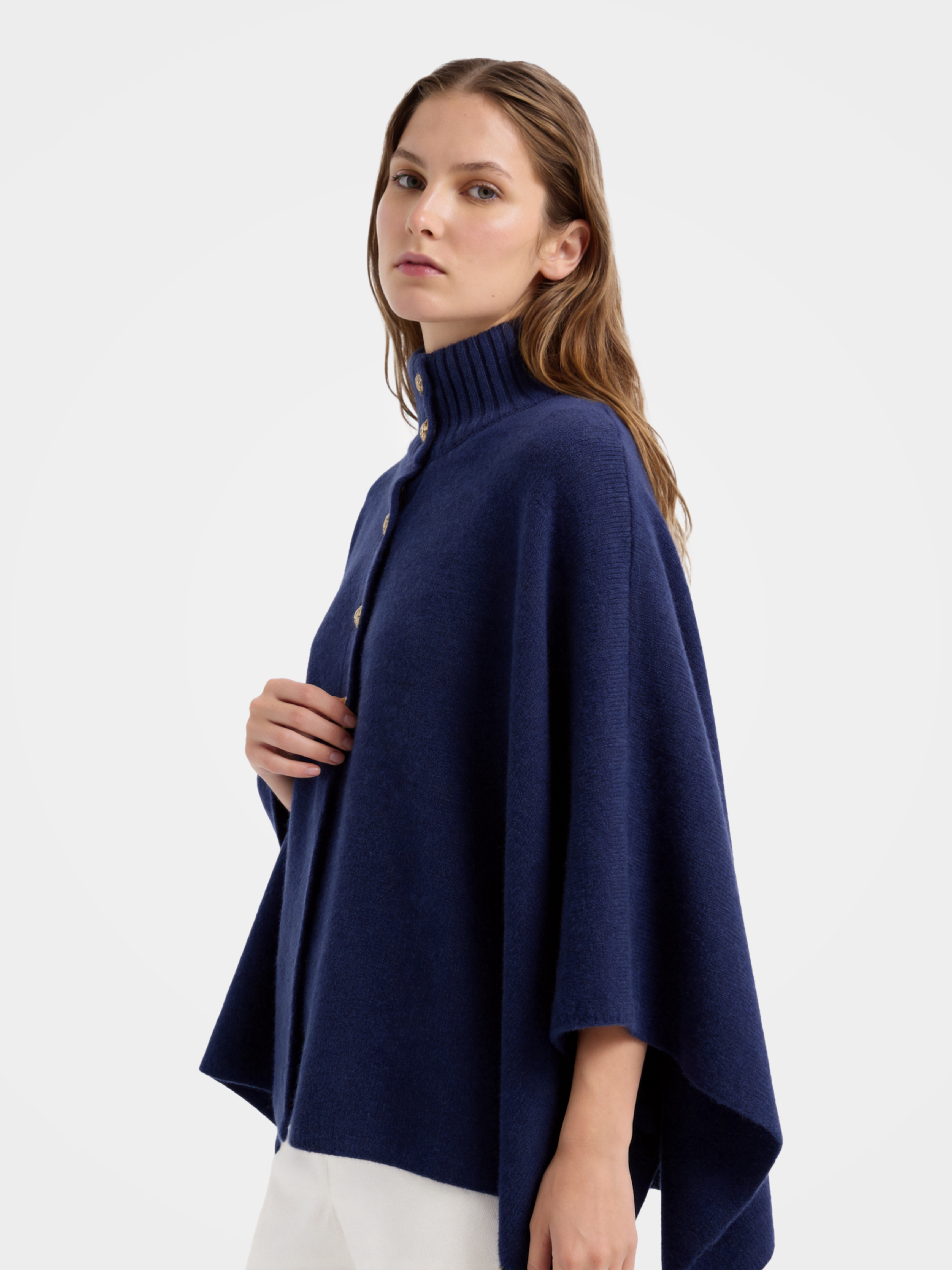 Pre-Order | 100% Wool Turtleneck Button-Placket Knit Cape (10-14 Business Days)