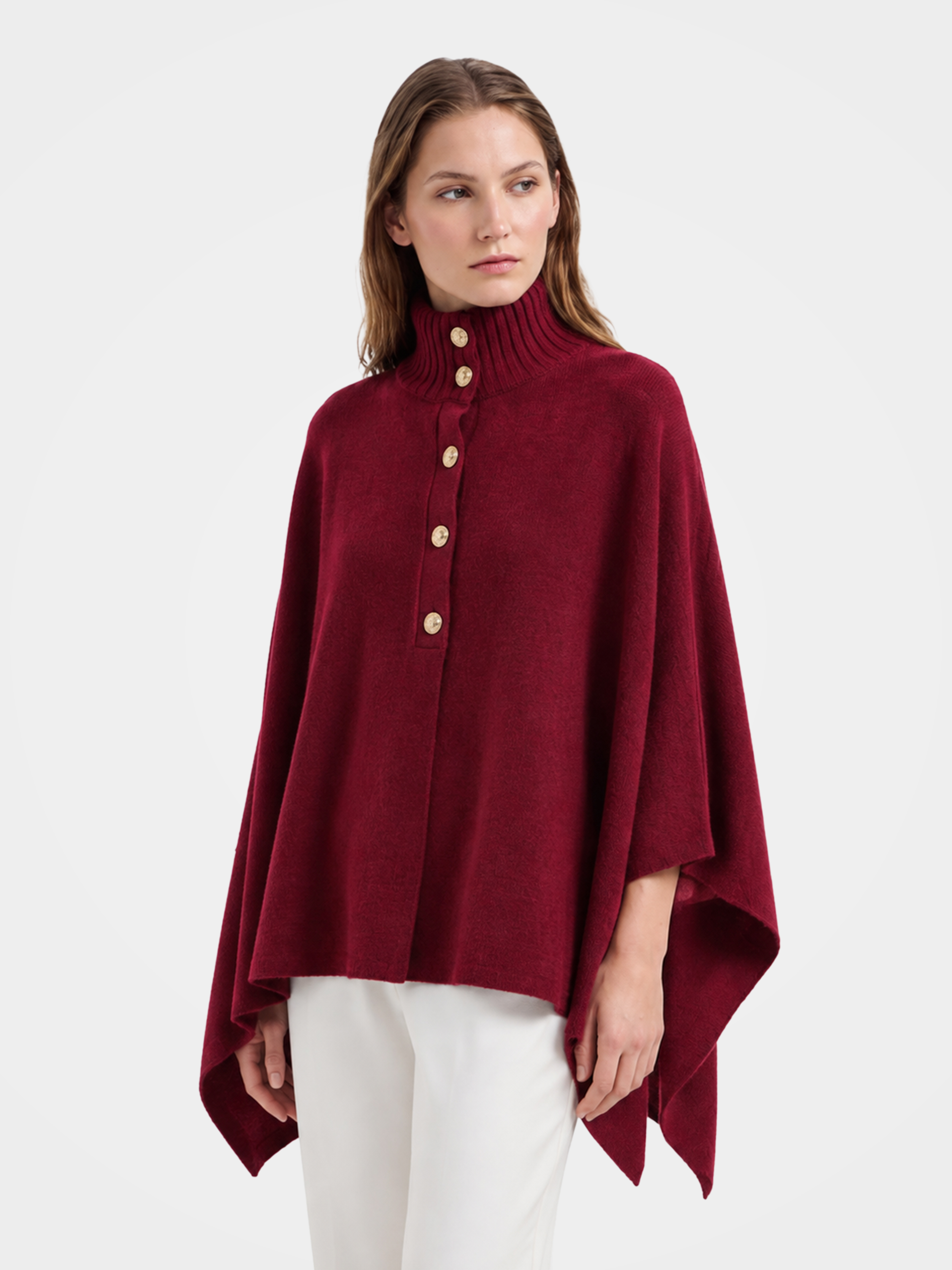 Pre-Order | 100% Wool Turtleneck Button-Placket Knit Cape (10-14 Business Days)