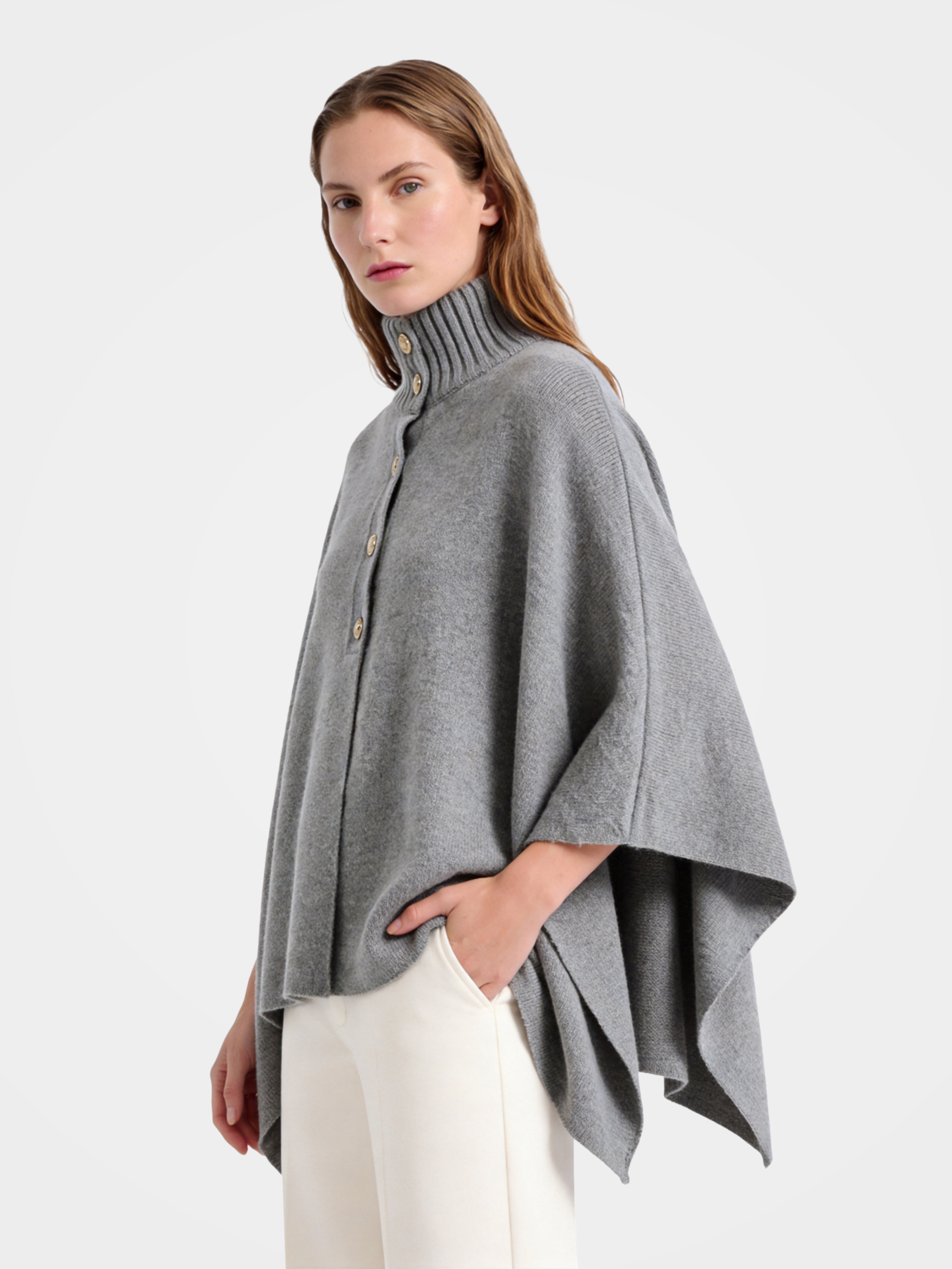 Pre-Order | 100% Wool Turtleneck Button-Placket Knit Cape (10-14 Business Days)