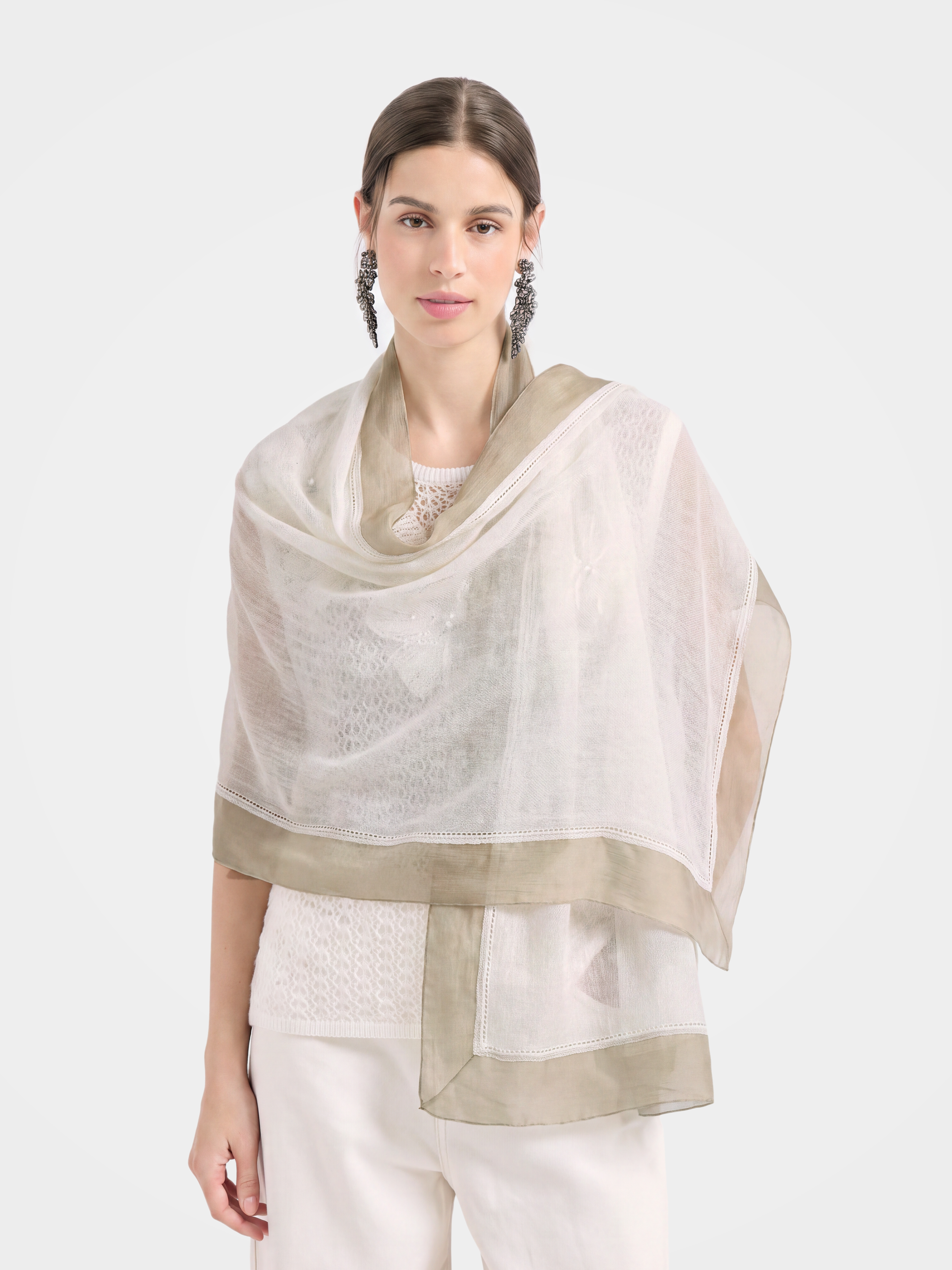 100% Cashmere Contrast Border Lightweight Long Scarf