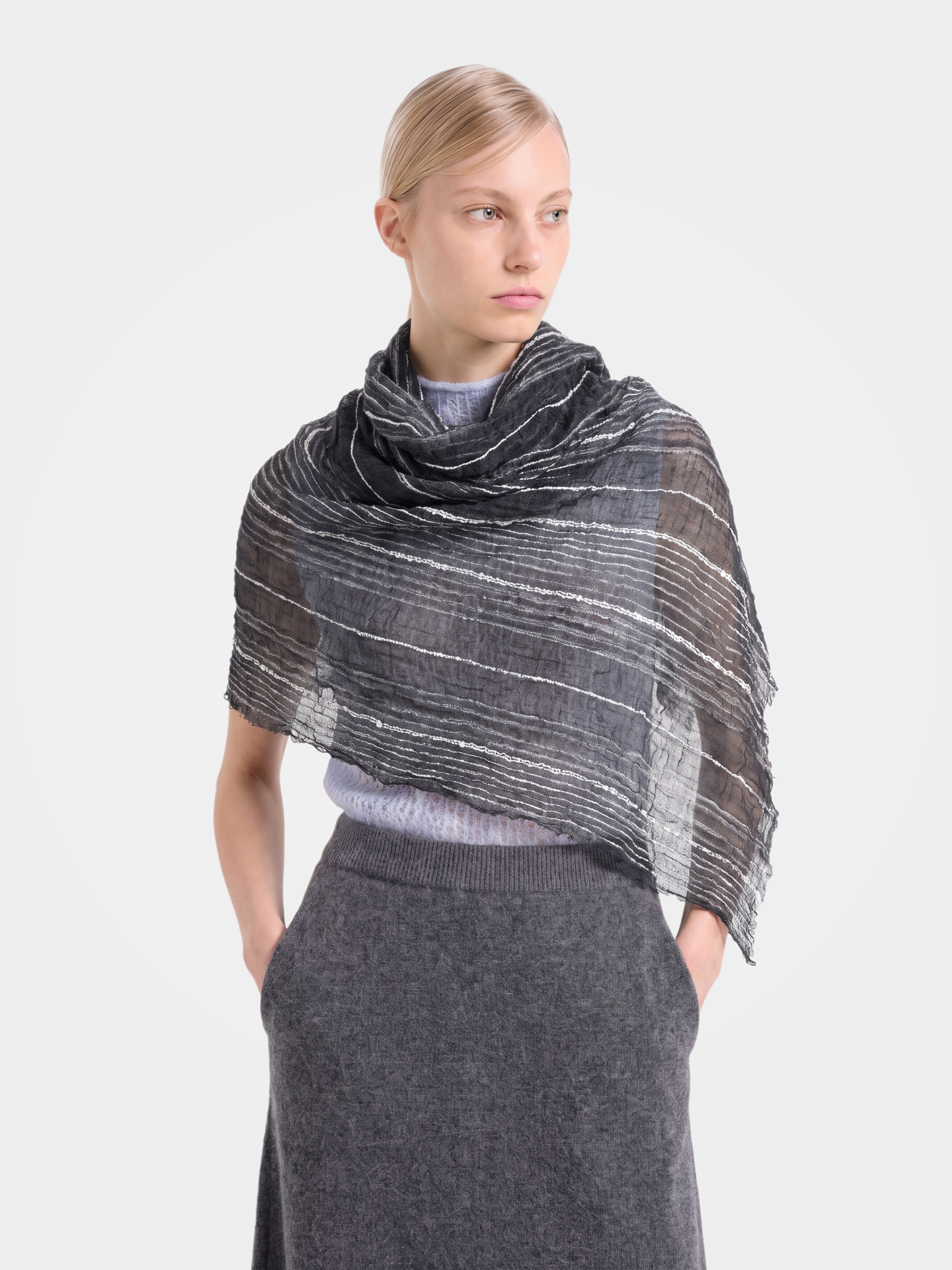 100% Cashmere Striped Fringe Lightweight Long Scarf