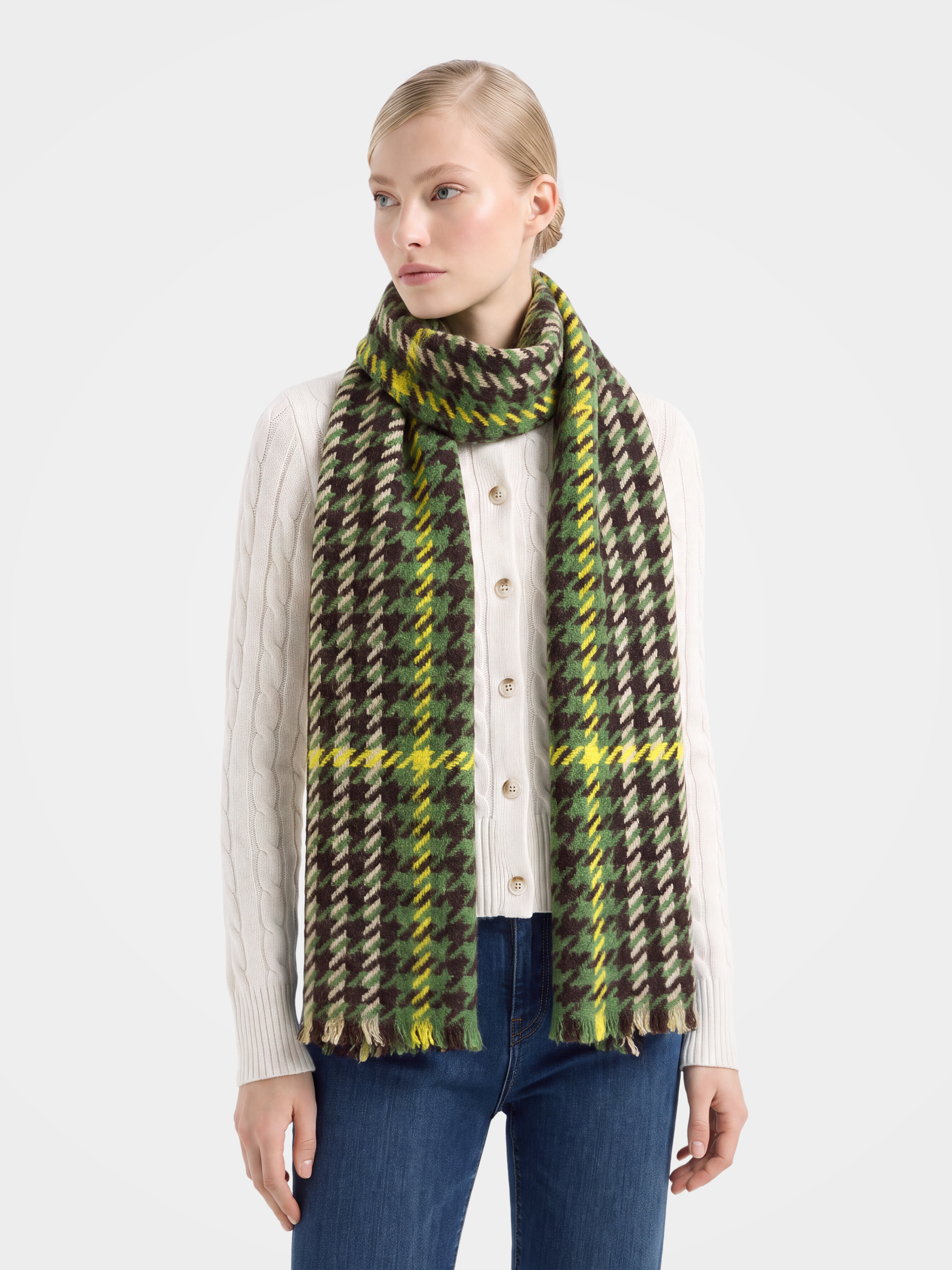 100% Cashmere Houndstooth Fringe Long Scarf