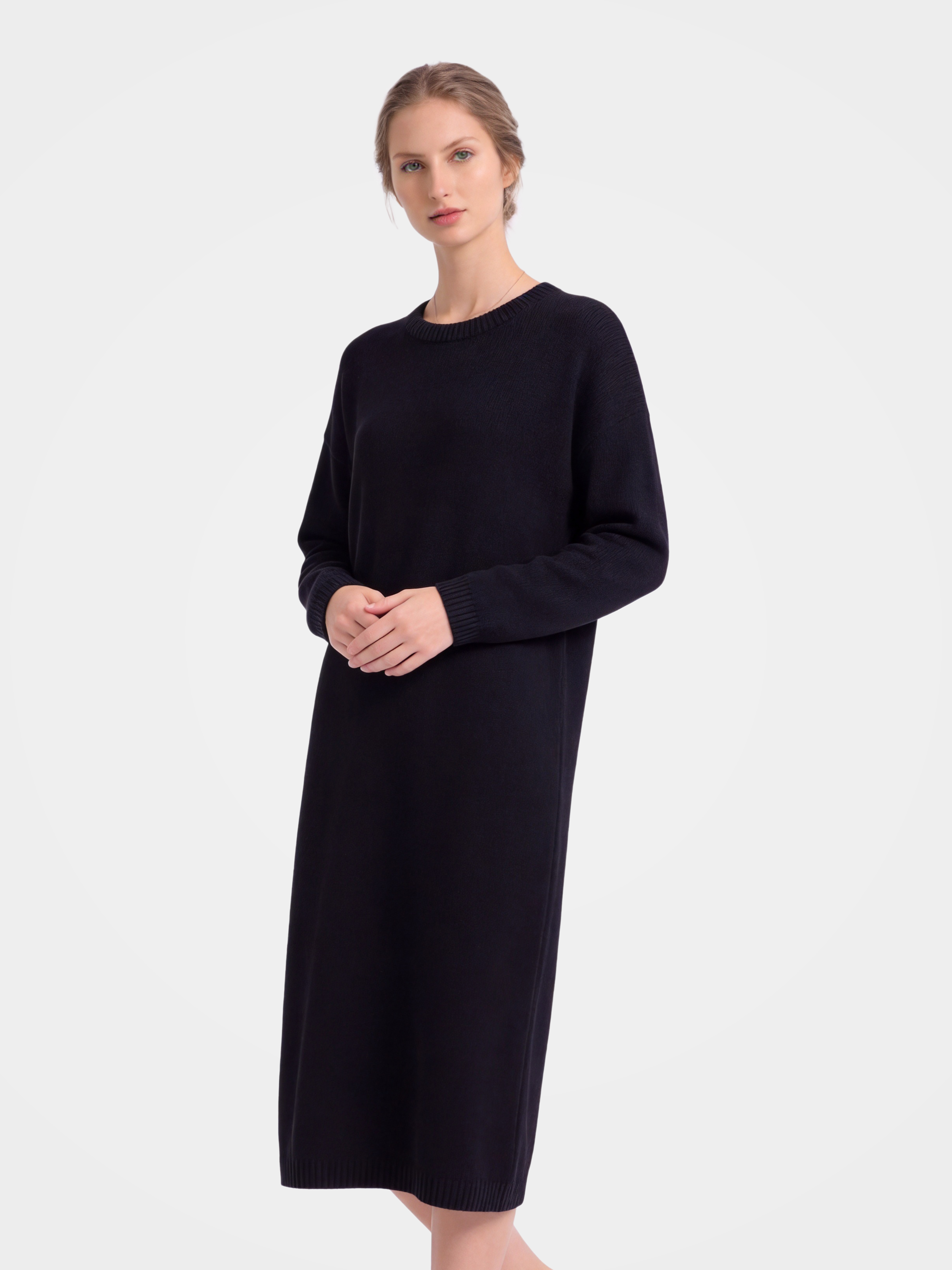 Pre-Order | 100% Cashmere Long Sleeve Crew Neck Midi Sweater Dress (10-14 Business Days)
