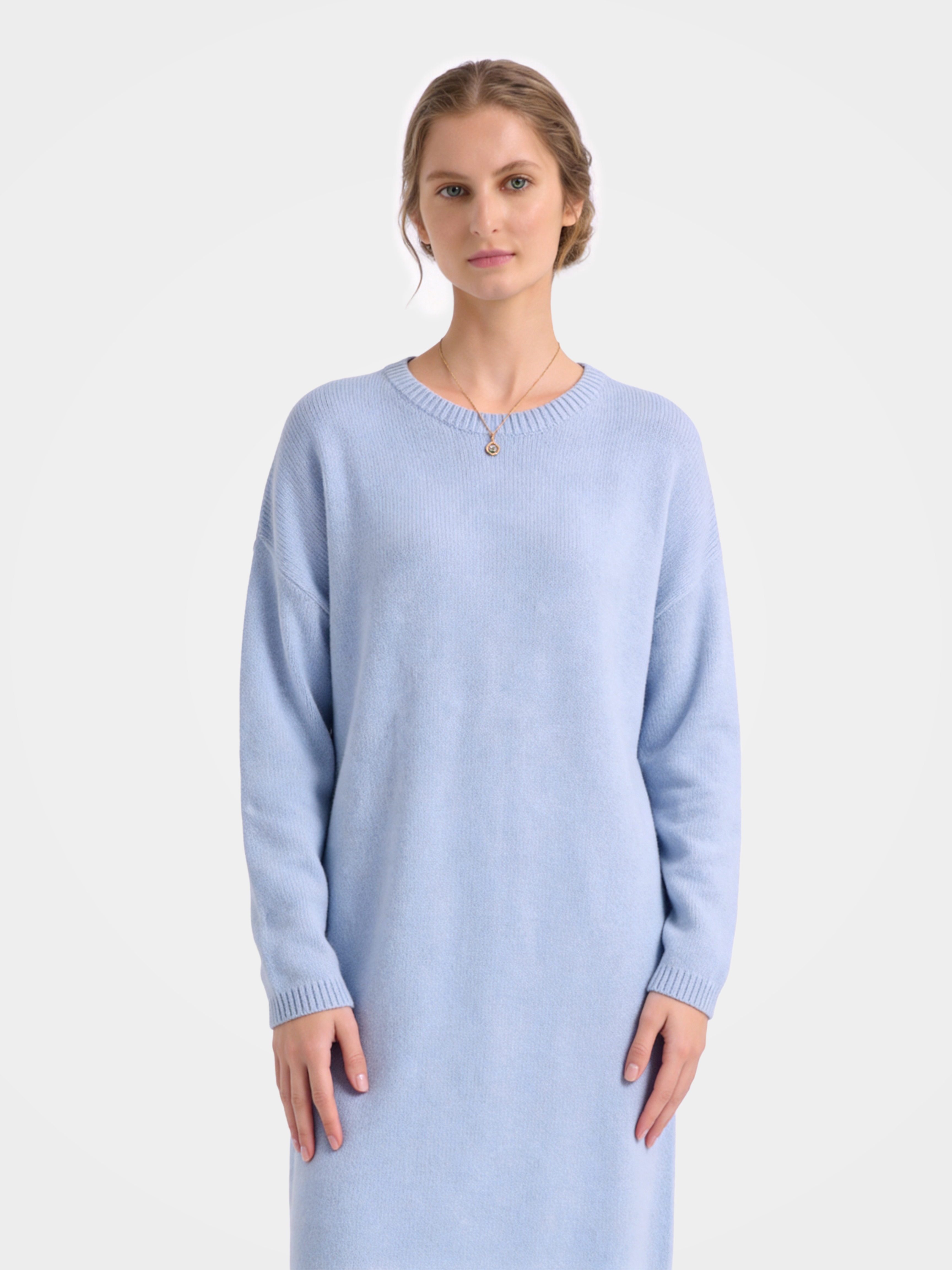 Pre-Order | 100% Cashmere Long Sleeve Crew Neck Midi Sweater Dress (10-14 Business Days)