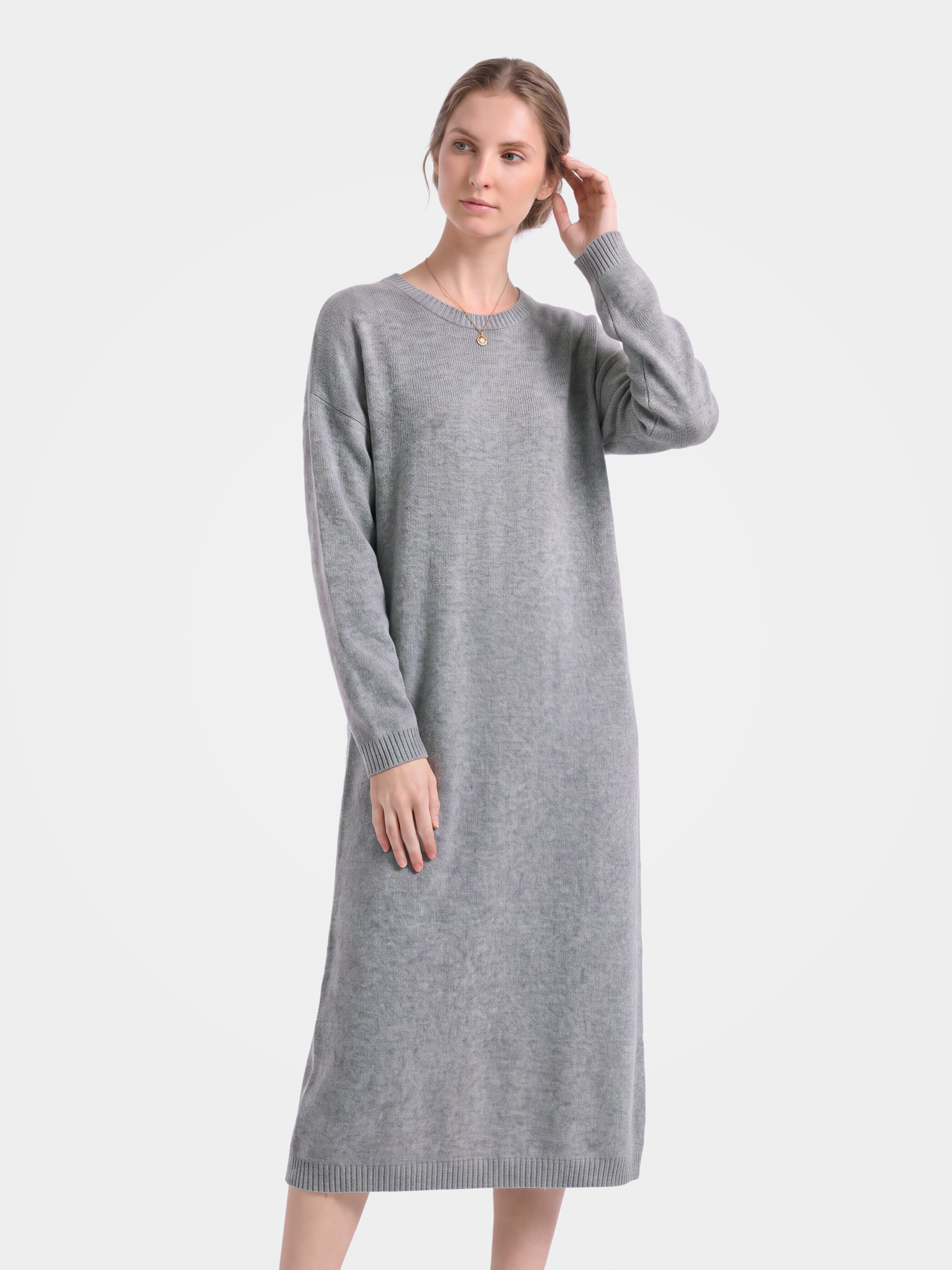 Pre-Order | 100% Cashmere Long Sleeve Crew Neck Midi Sweater Dress (10-14 Business Days)
