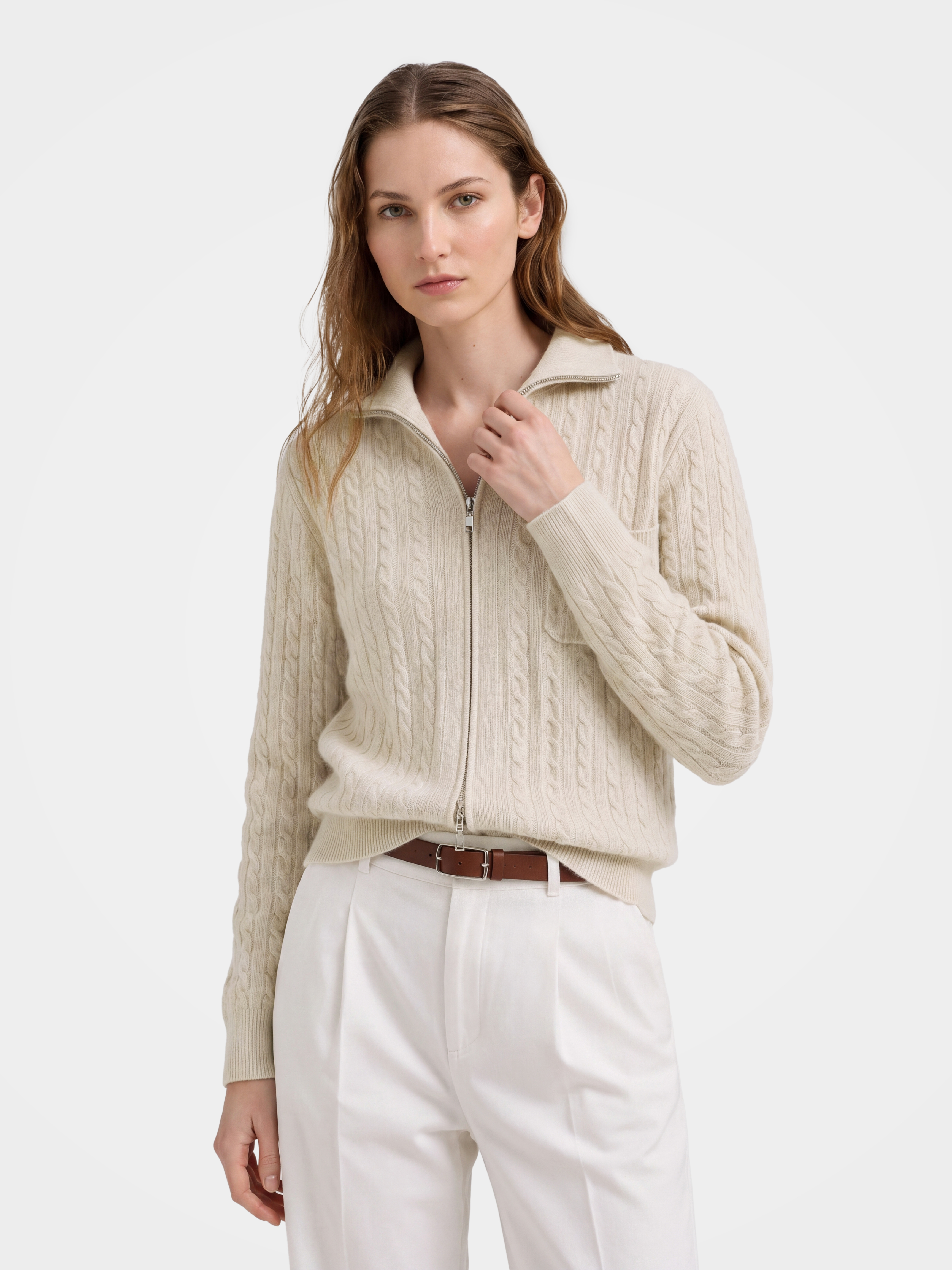 100% Mongolian Cashmere Cable Knit Zip Jacket