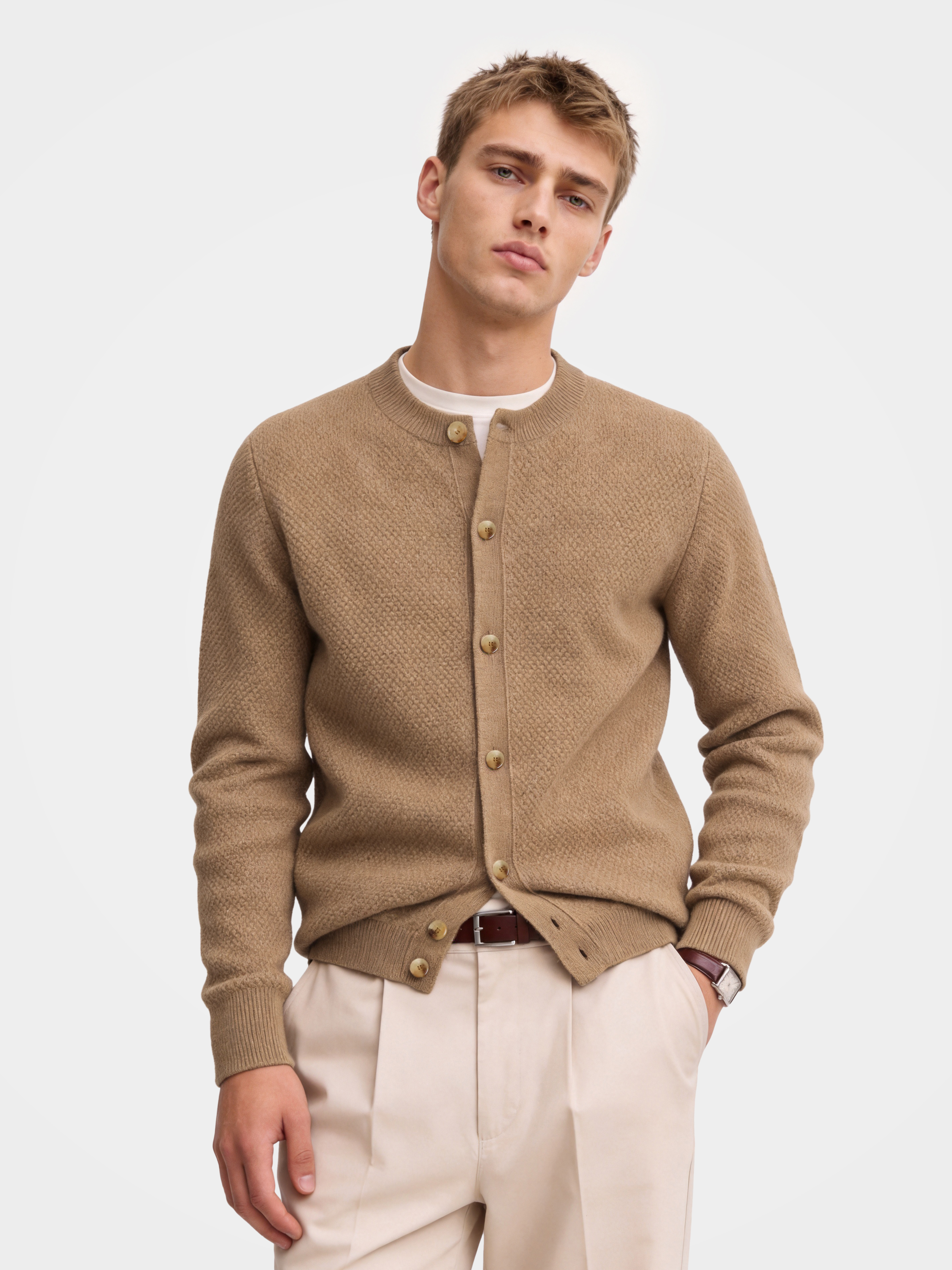 Pre-Order | Men's 100% Cashmere Honeycomb Knit Crew Neck Cardigan (10-14 Business Days)